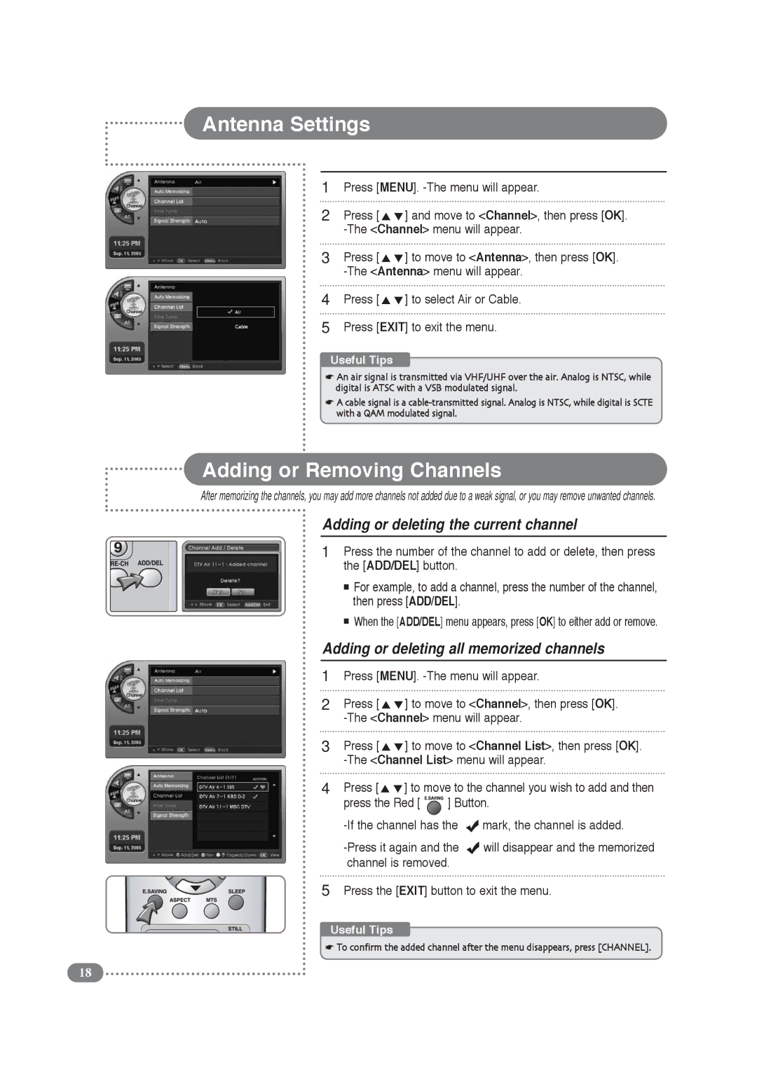 COBY electronic TF-TV3209, TF-TV2609 Antenna Settings, Adding or Removing Channels, Adding or deleting the current channel 