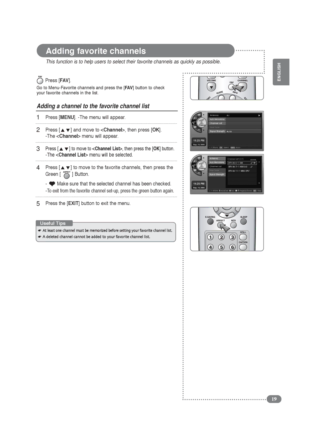 COBY electronic TF-TV2609 Adding favorite channels, Adding a channel to the favorite channel list, Press FAV, Green Button 