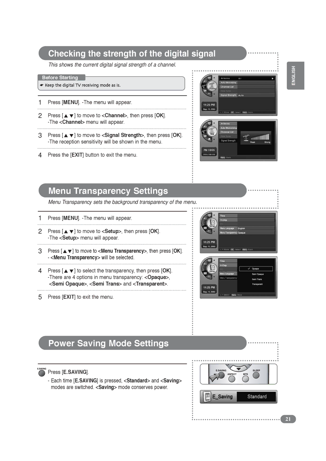 COBY electronic TF-TV2609, TF-TV3209 manual Checking the strength of the digital signal, Menu Transparency Settings 