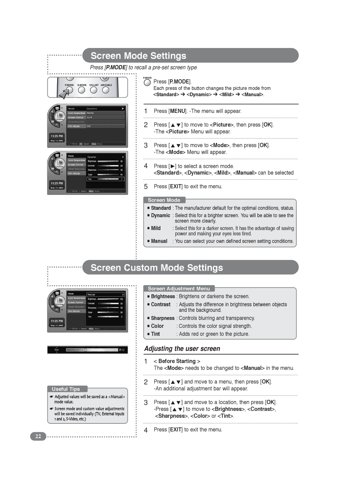 COBY electronic TF-TV3209, TF-TV2609 manual Screen Mode Settings, Screen Custom Mode Settings, Adjusting the user screen 