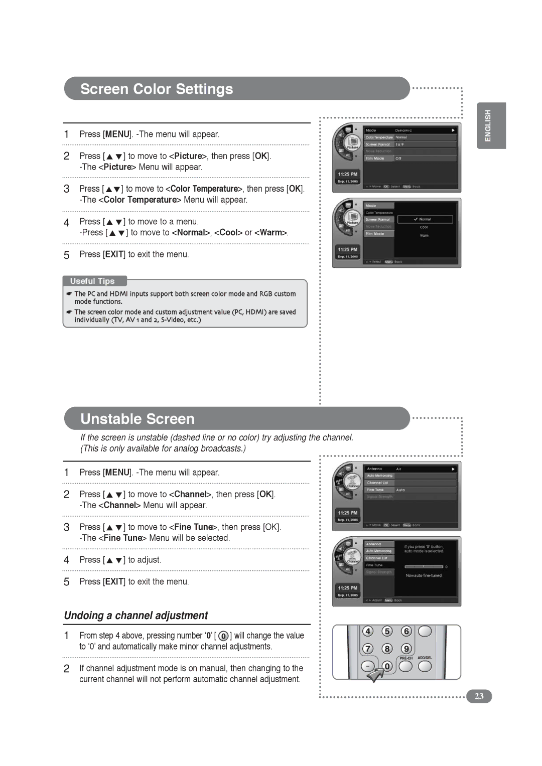 COBY electronic TF-TV2609, TF-TV3209 manual Screen Color Settings, Unstable Screen, Undoing a channel adjustment 