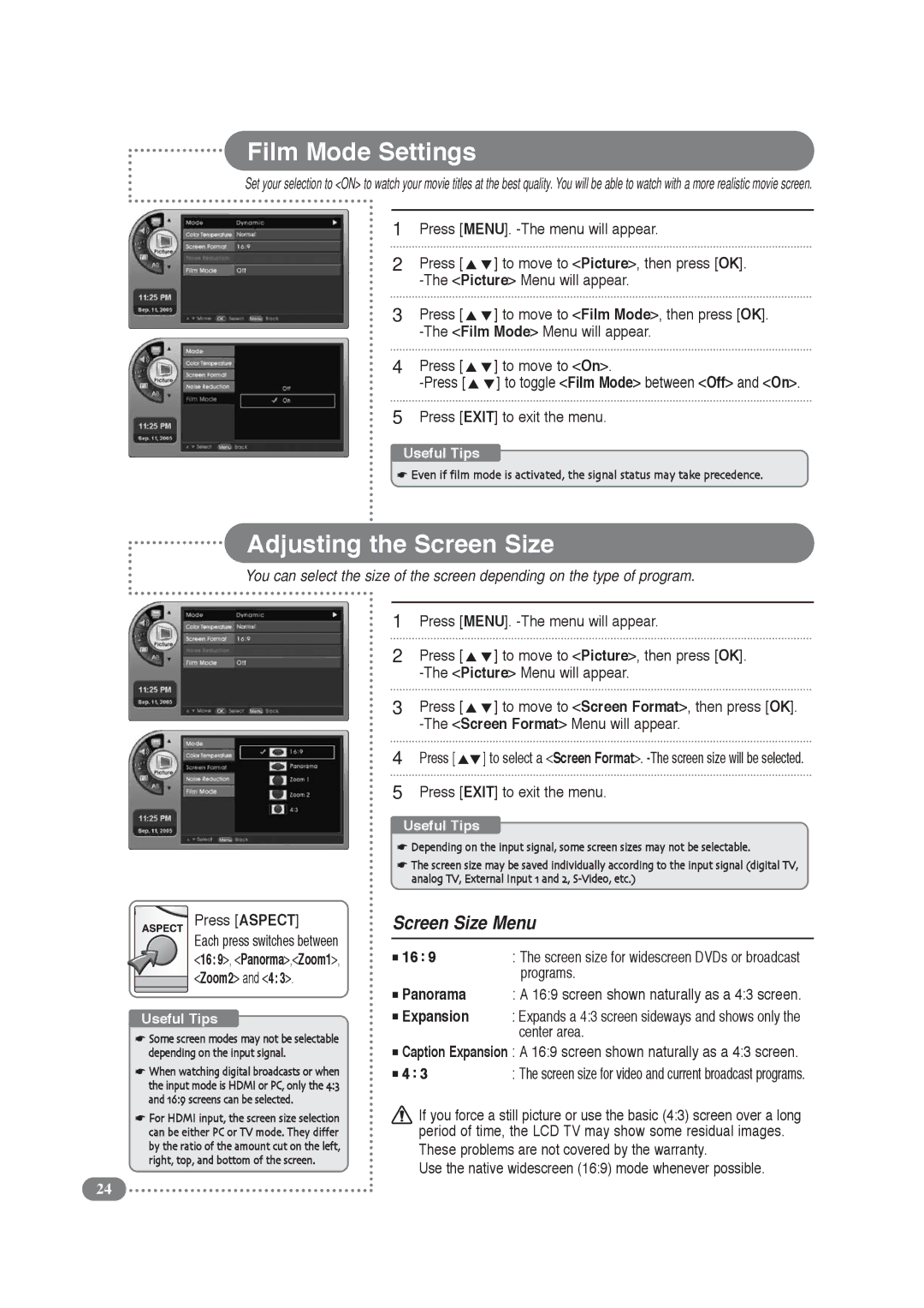 COBY electronic TF-TV3209, TF-TV2609 manual Film Mode Settings, Adjusting the Screen Size, Screen Size Menu 