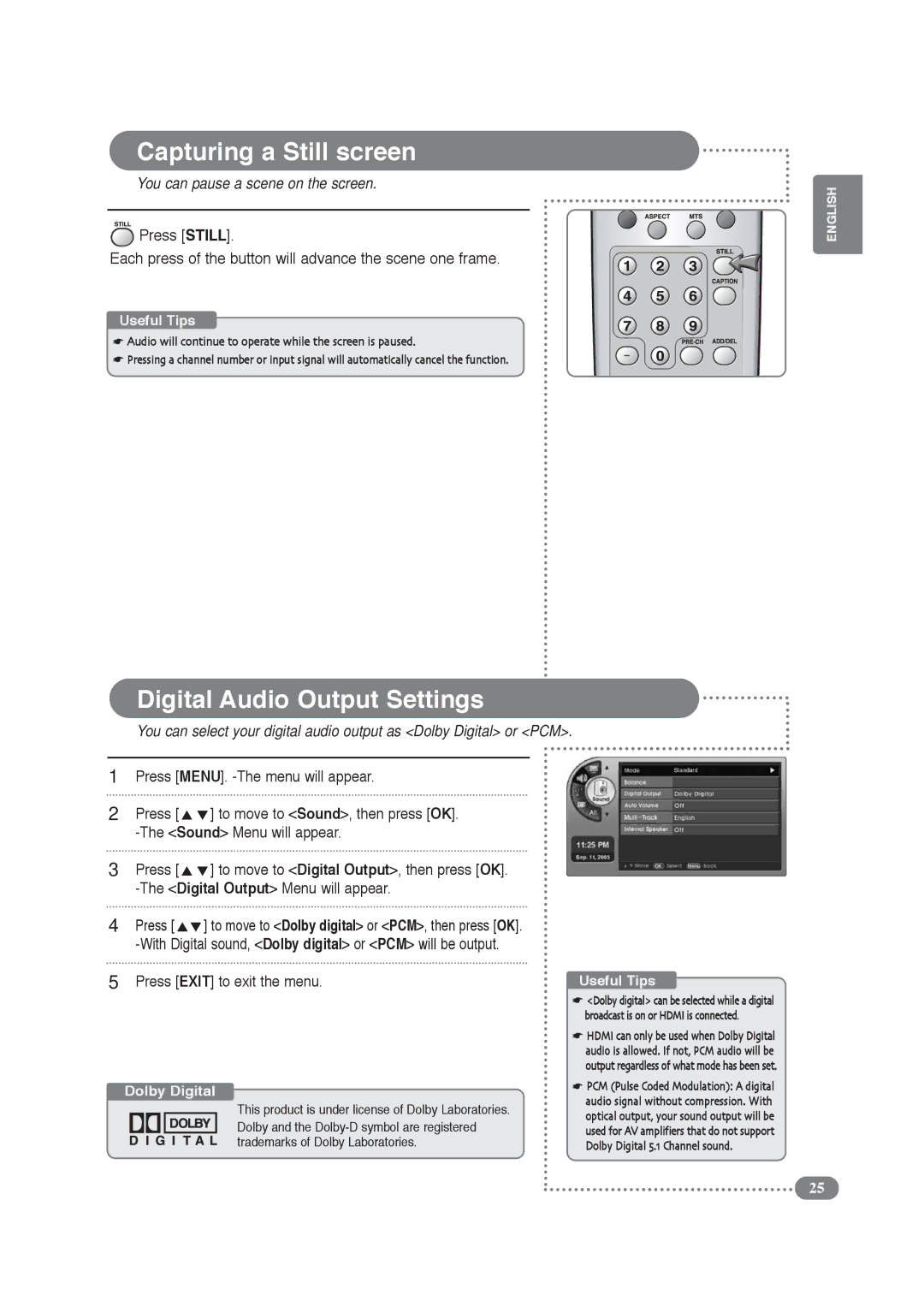 COBY electronic TF-TV2609 Capturing a Still screen, Digital Audio Output Settings, You can pause a scene on the screen 