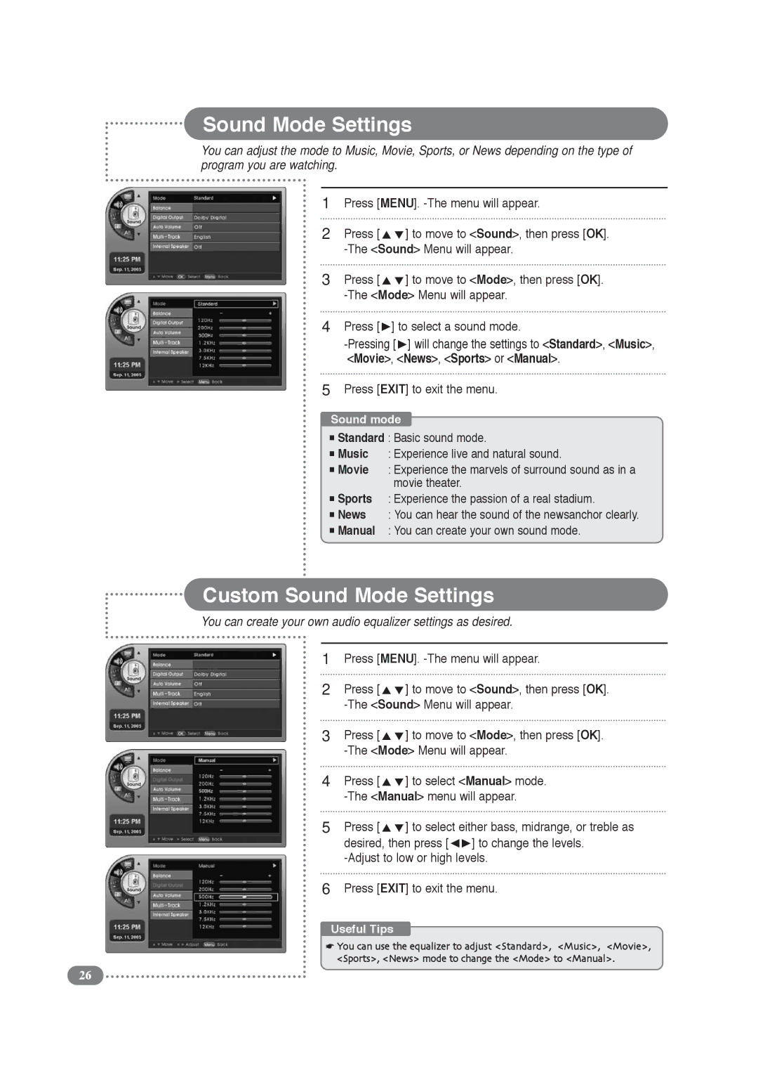 COBY electronic TF-TV3209 Custom Sound Mode Settings, You can create your own audio equalizer settings as desired 