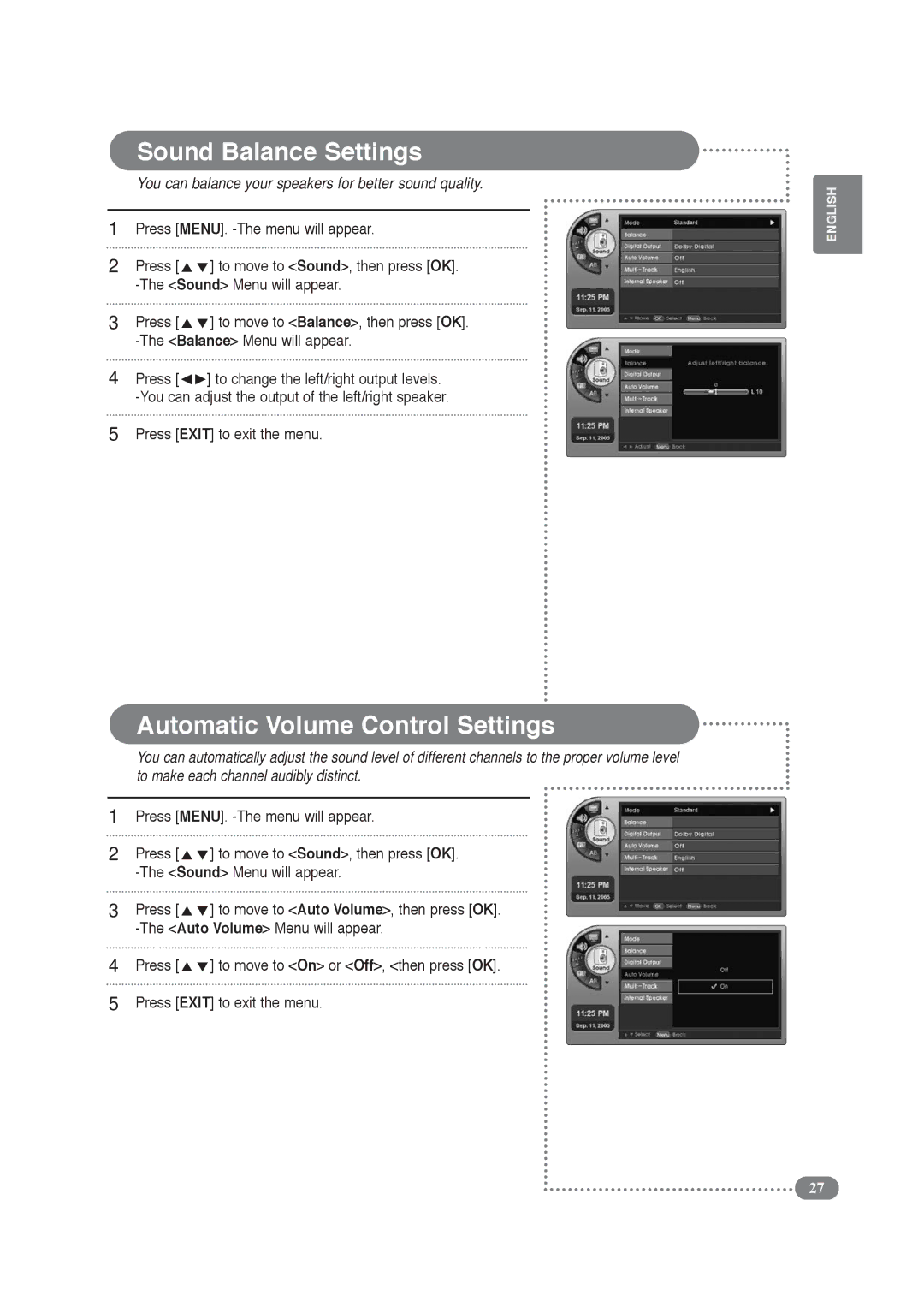 COBY electronic TF-TV2609, TF-TV3209 manual Sound Balance Settings, Automatic Volume Control Settings 