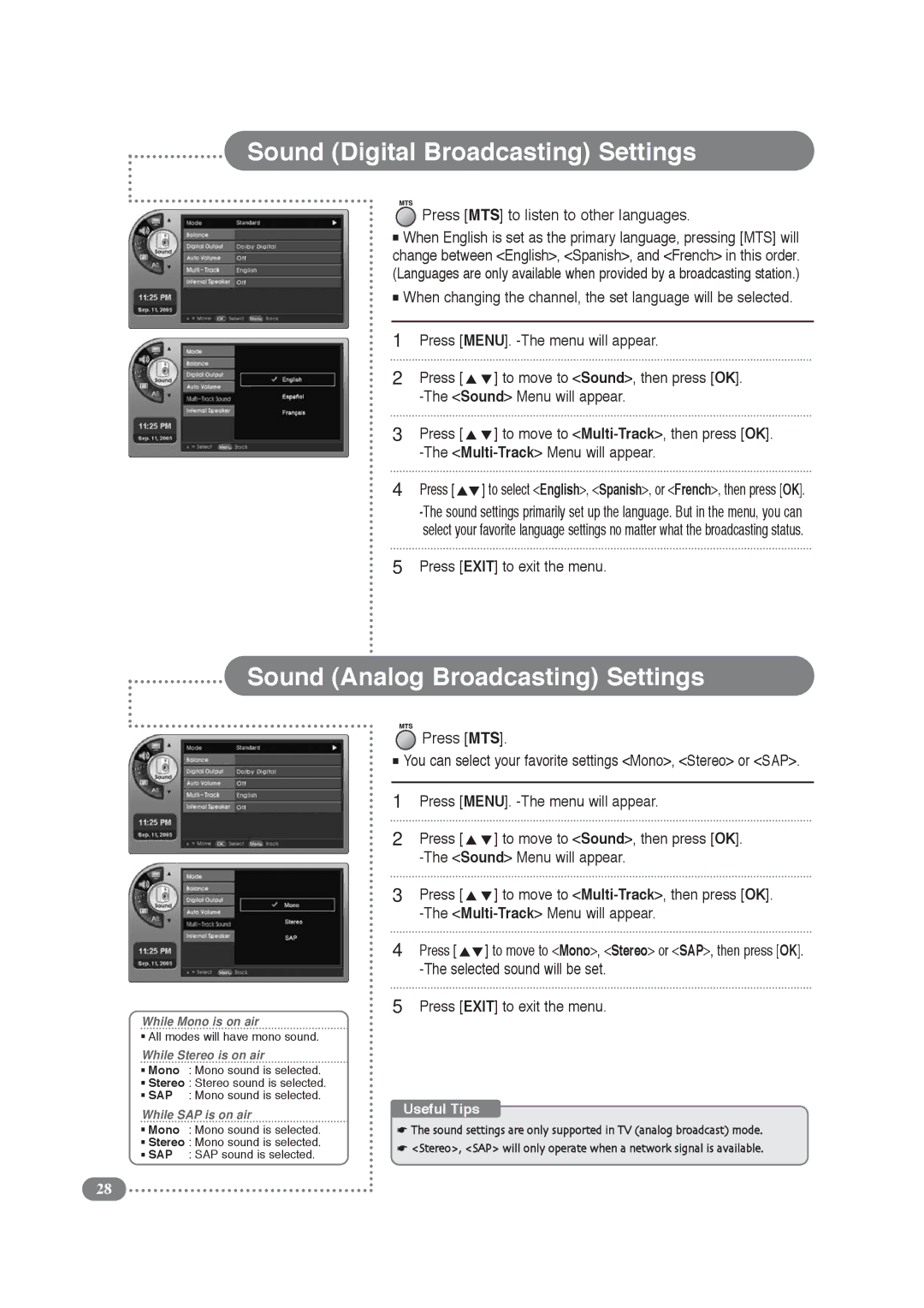 COBY electronic TF-TV3209, TF-TV2609 manual Sound Digital Broadcasting Settings, Sound Analog Broadcasting Settings 