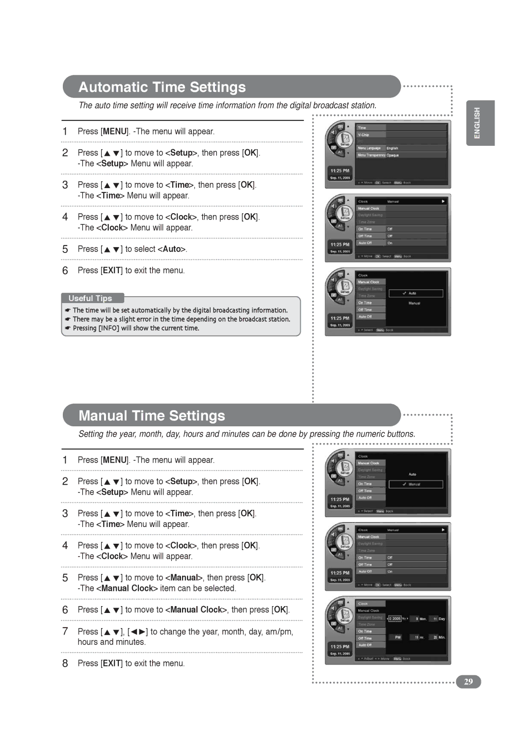 COBY electronic TF-TV2609, TF-TV3209 manual Automatic Time Settings, Manual Time Settings 