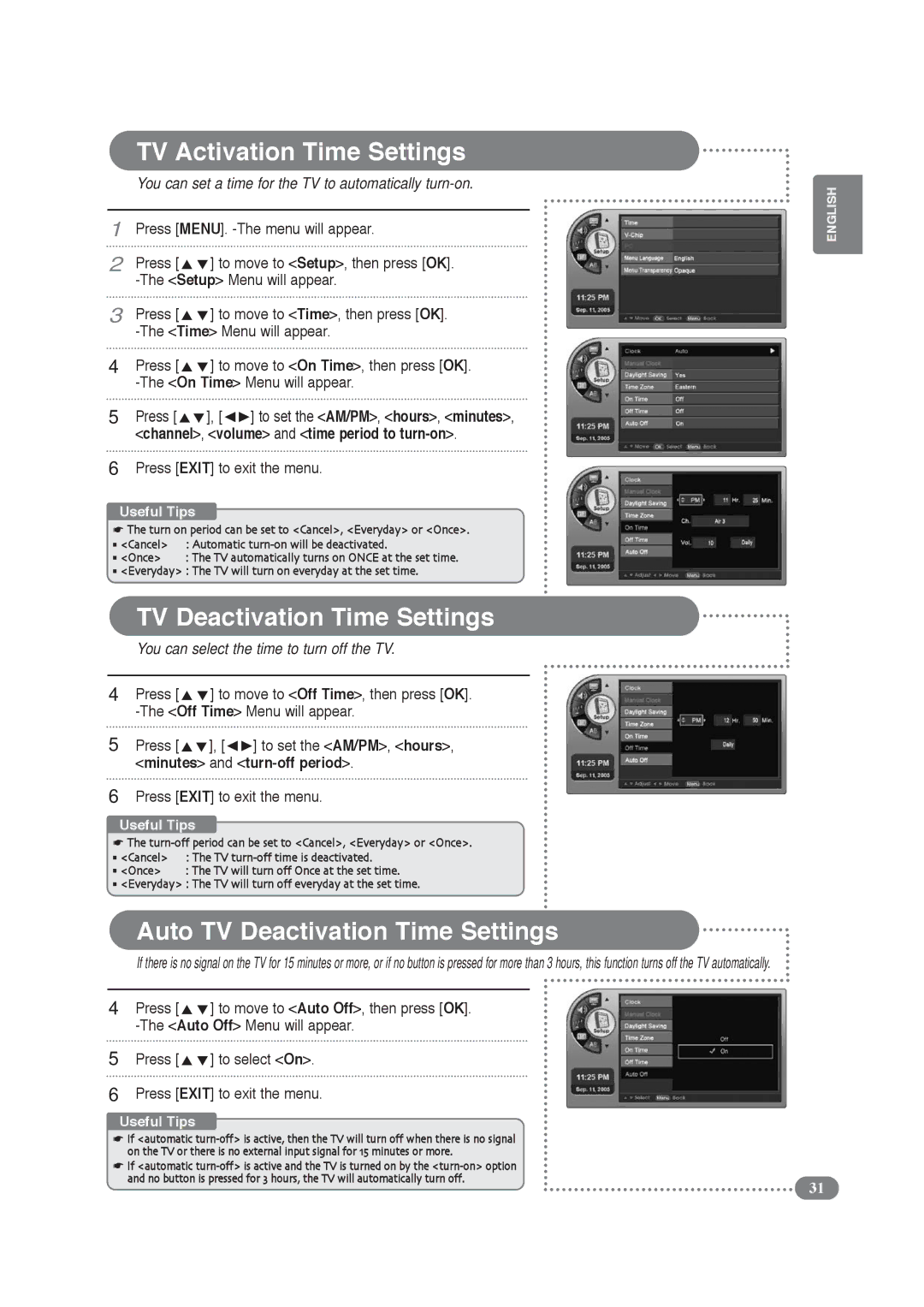 COBY electronic TF-TV2609, TF-TV3209 manual TV Activation Time Settings, Auto TV Deactivation Time Settings 