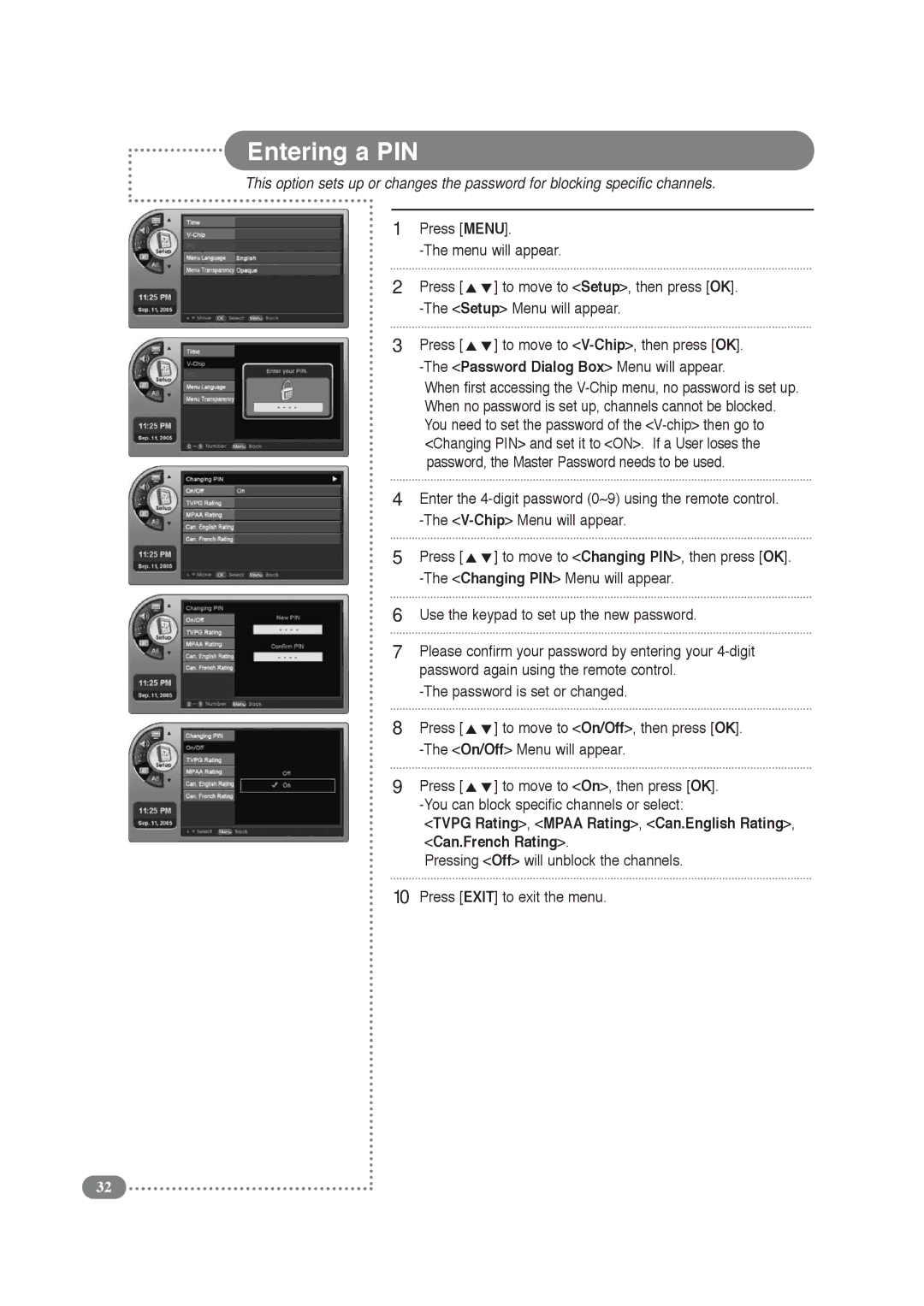 COBY electronic TF-TV3209, TF-TV2609 manual Entering a PIN, Press Menu Menu will appear, Setup Menu will appear Press 