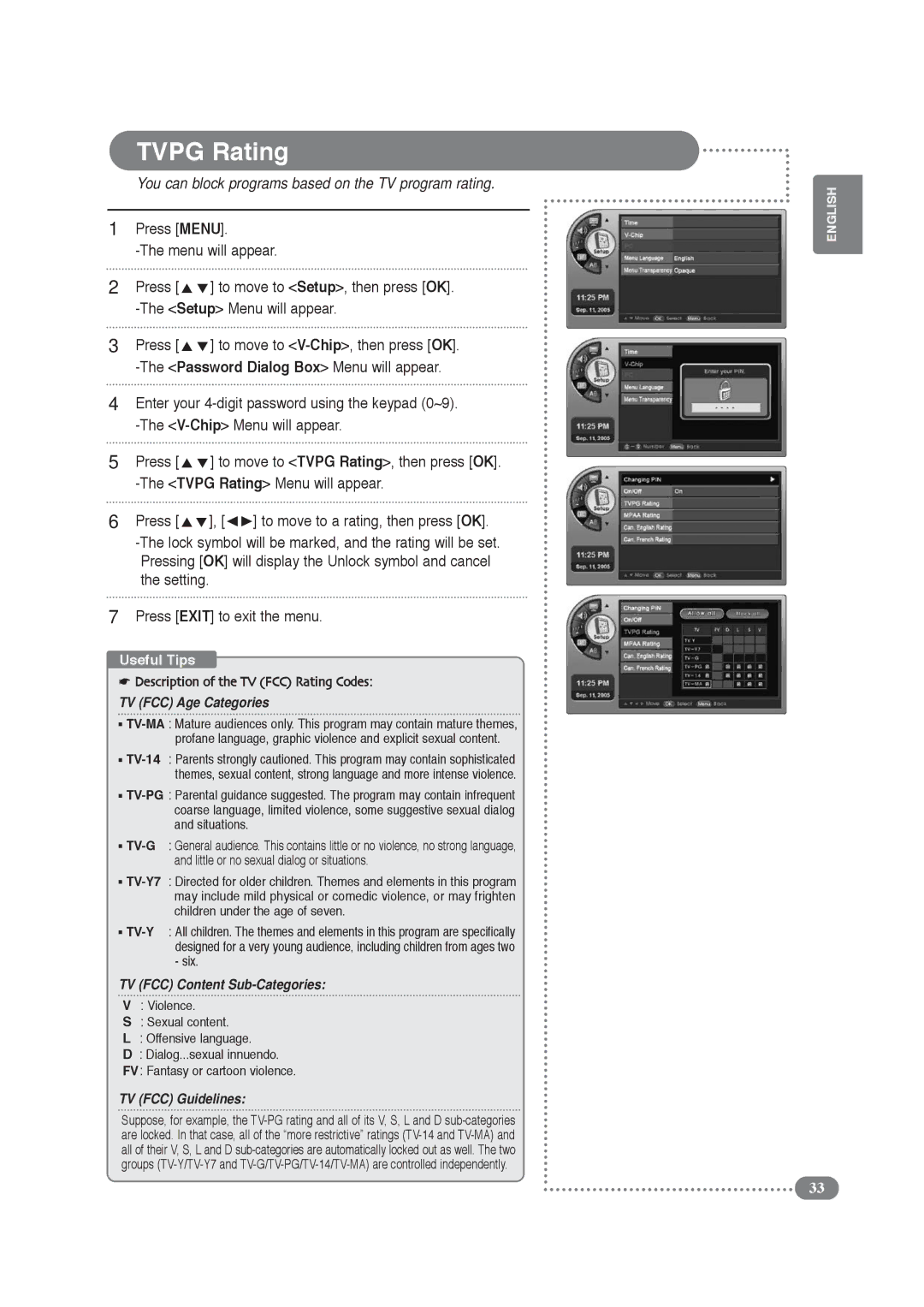 COBY electronic TF-TV2609 manual You can block programs based on the TV program rating, Tvpg Rating Menu will appear 