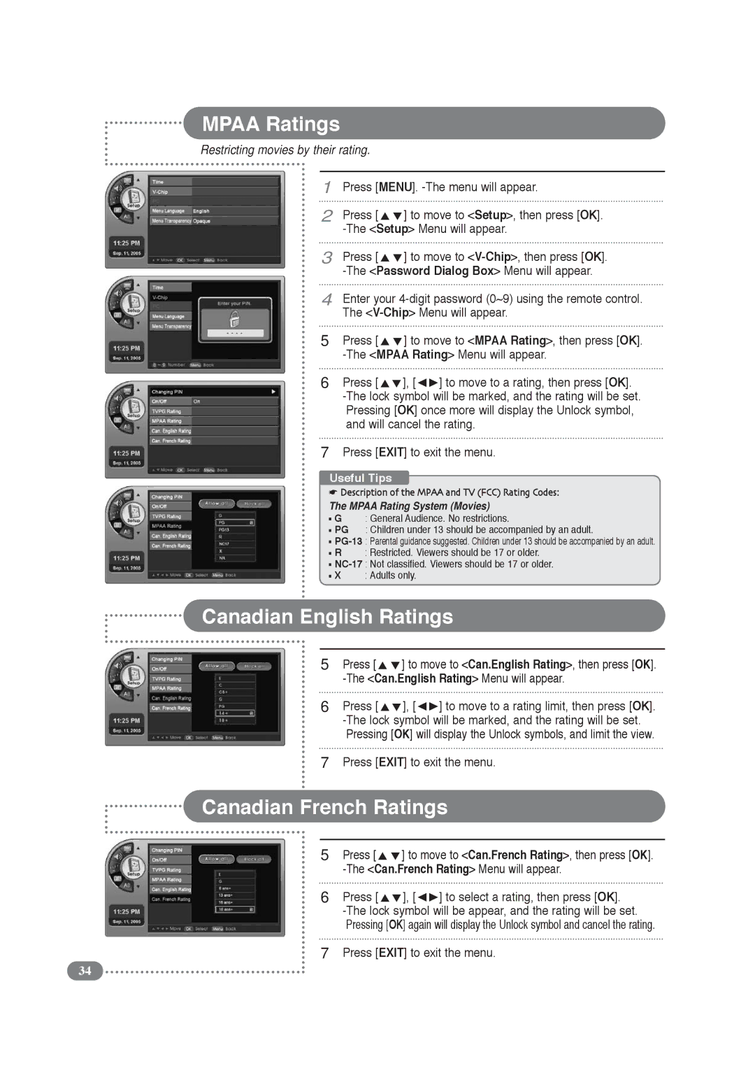 COBY electronic TF-TV3209, TF-TV2609 manual Mpaa Ratings, Canadian English Ratings, Canadian French Ratings 