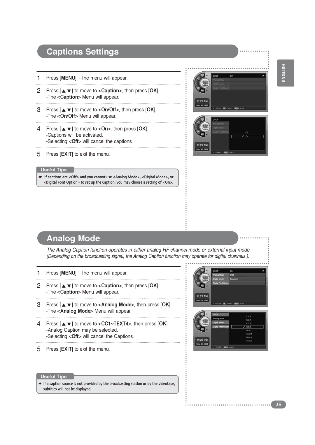 COBY electronic TF-TV2609, TF-TV3209 manual Captions Settings, Caption Menu will appear, Analog Mode Menu will appear 