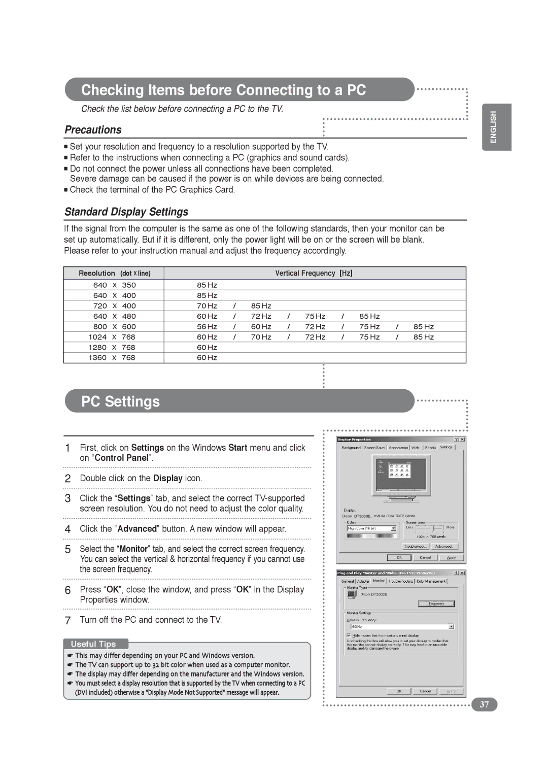 COBY electronic TF-TV2609 Checking Items before Connecting to a PC, PC Settings, Precautions, Standard Display Settings 