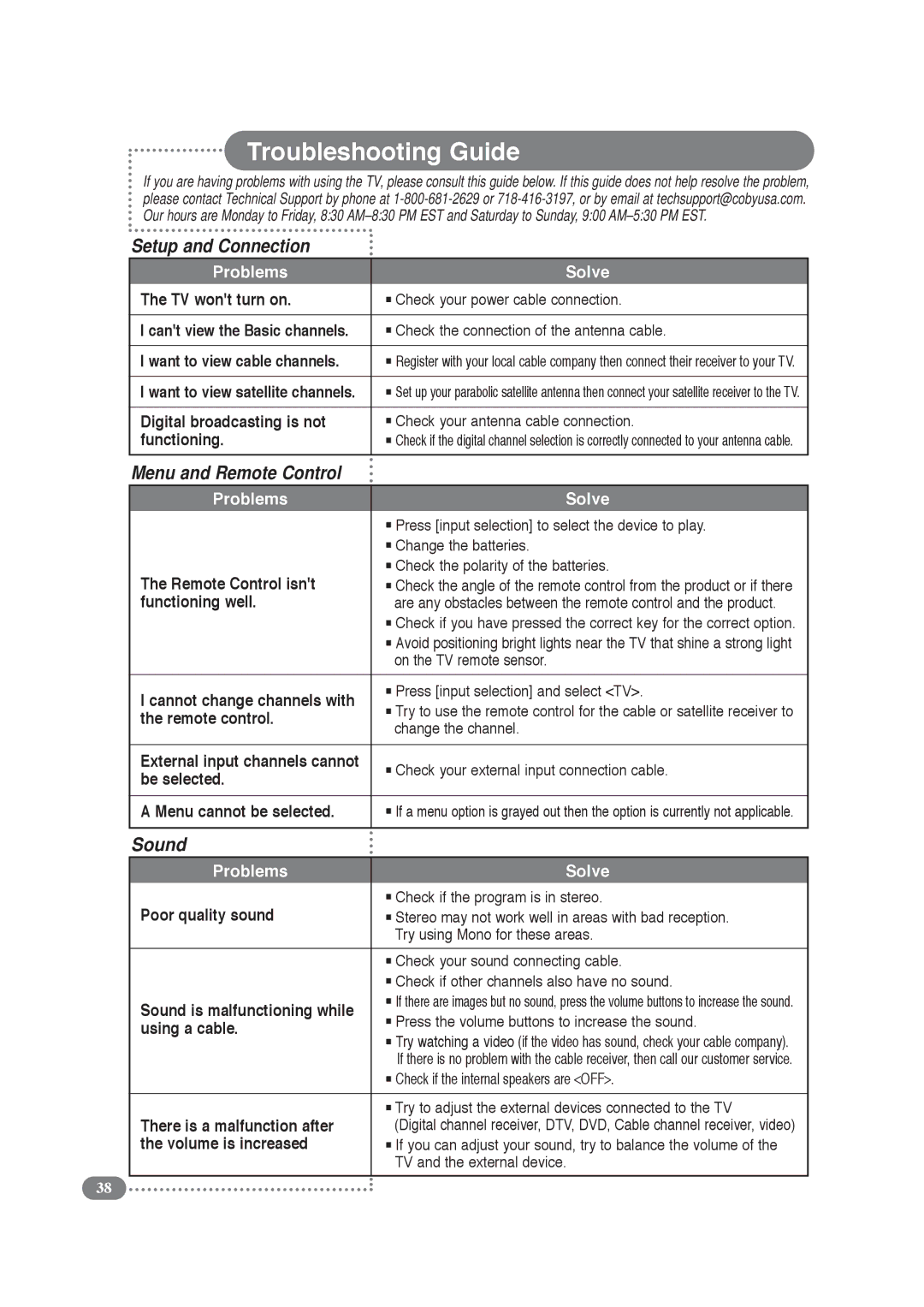 COBY electronic TF-TV3209, TF-TV2609 manual Troubleshooting Guide, Setup and Connection, Menu and Remote Control, Sound 