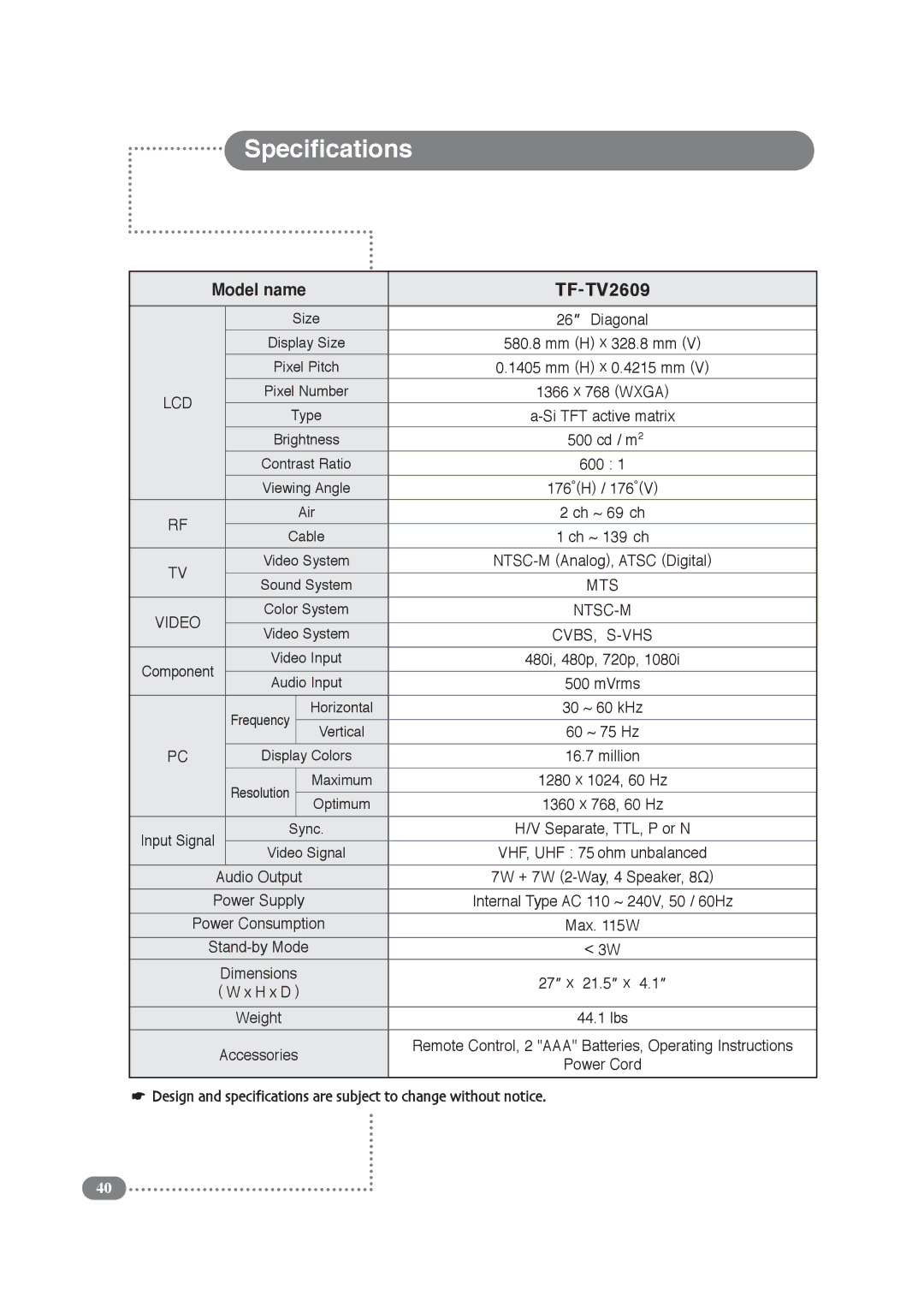 COBY electronic TF-TV3209, TF-TV2609 manual Specifications 