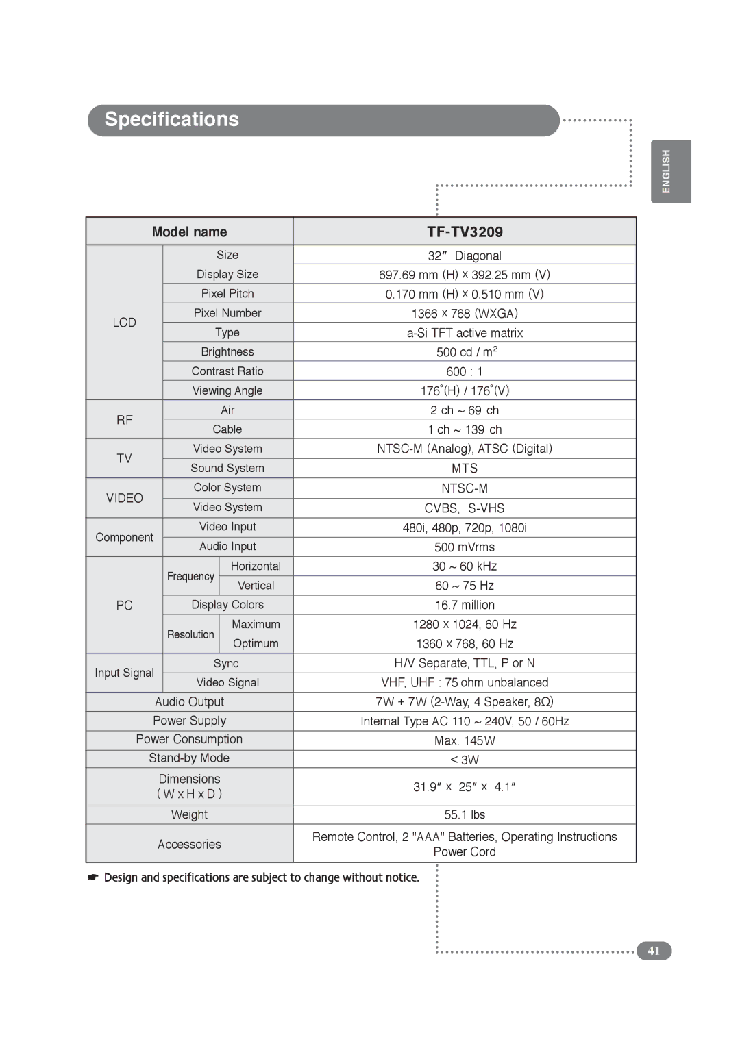 COBY electronic TF-TV2609 manual Model name TF-TV3209, 31.9 x 25 x 