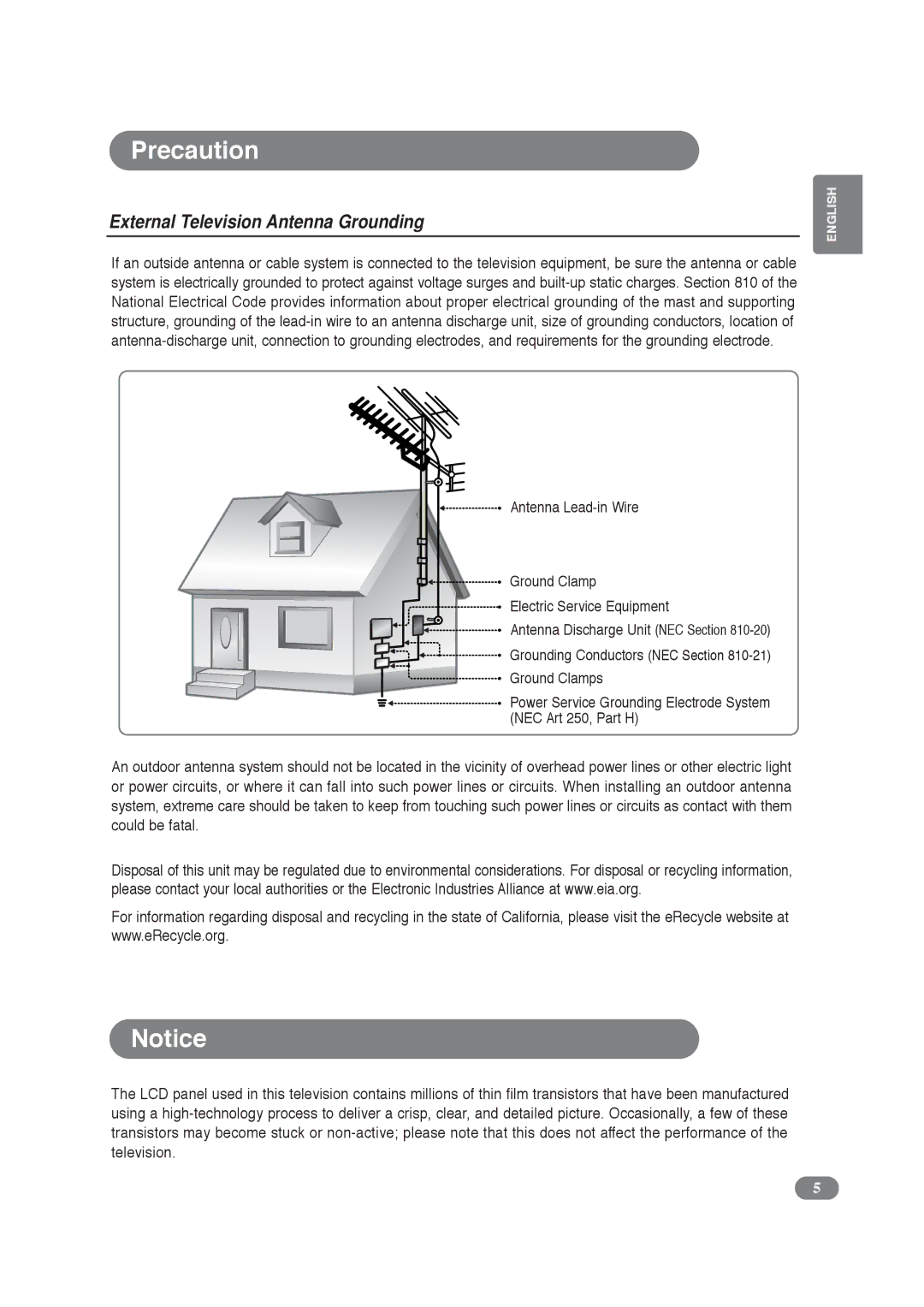 COBY electronic TF-TV2609, TF-TV3209 manual Precaution, External Television Antenna Grounding 