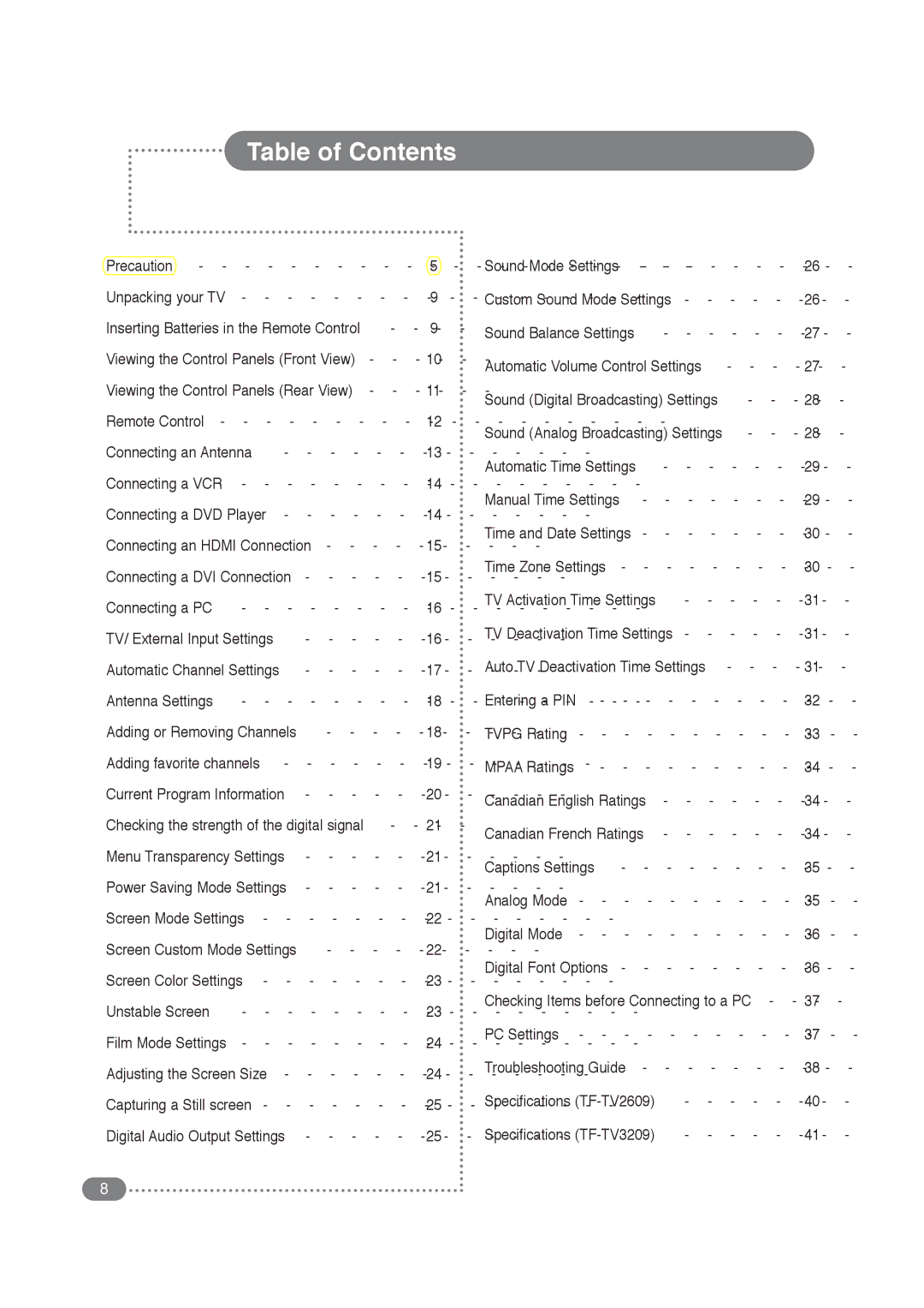 COBY electronic TF-TV3209, TF-TV2609 manual Table of Contents 