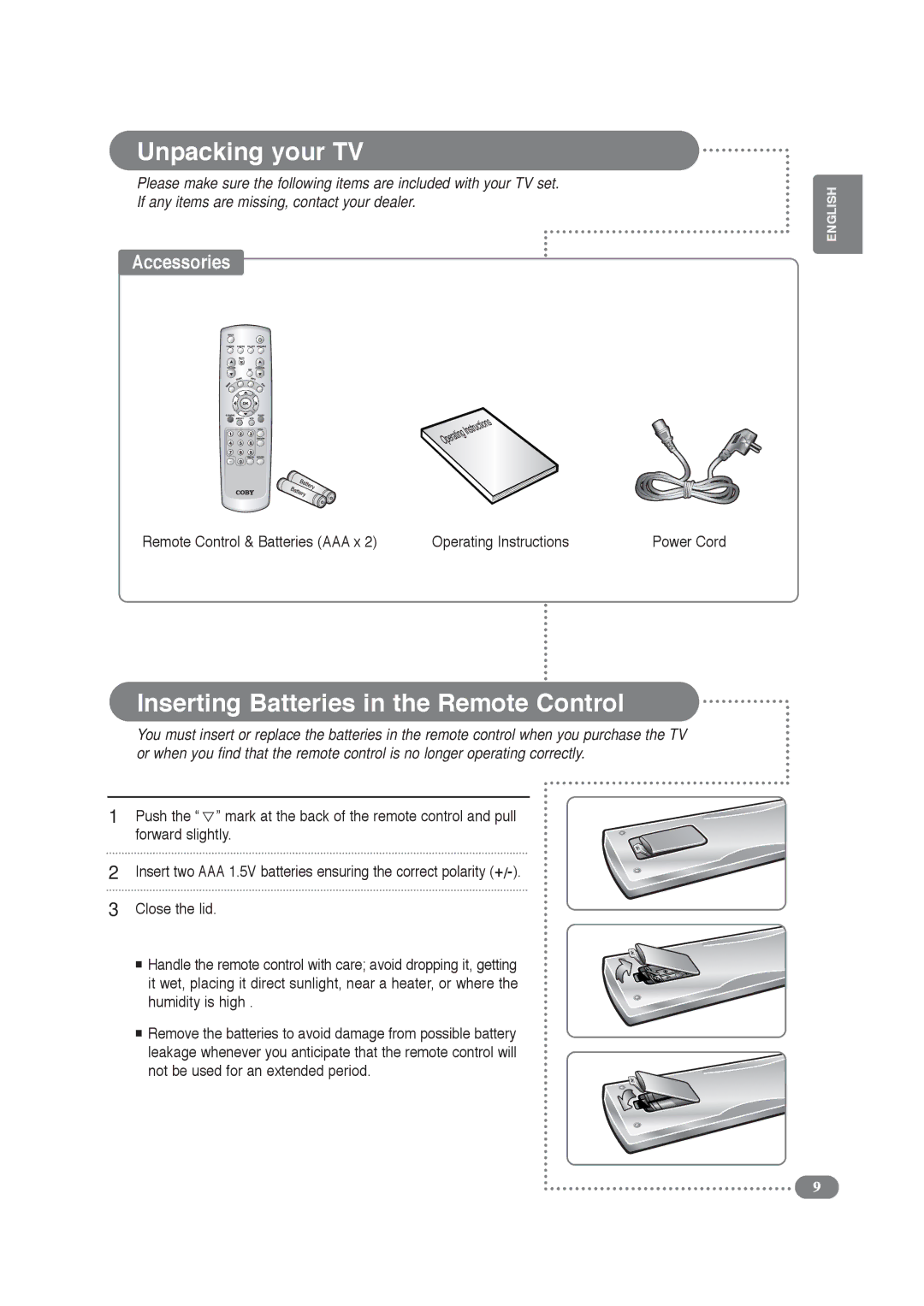 COBY electronic TF-TV2609, TF-TV3209 manual Unpacking your TV, Inserting Batteries in the Remote Control 