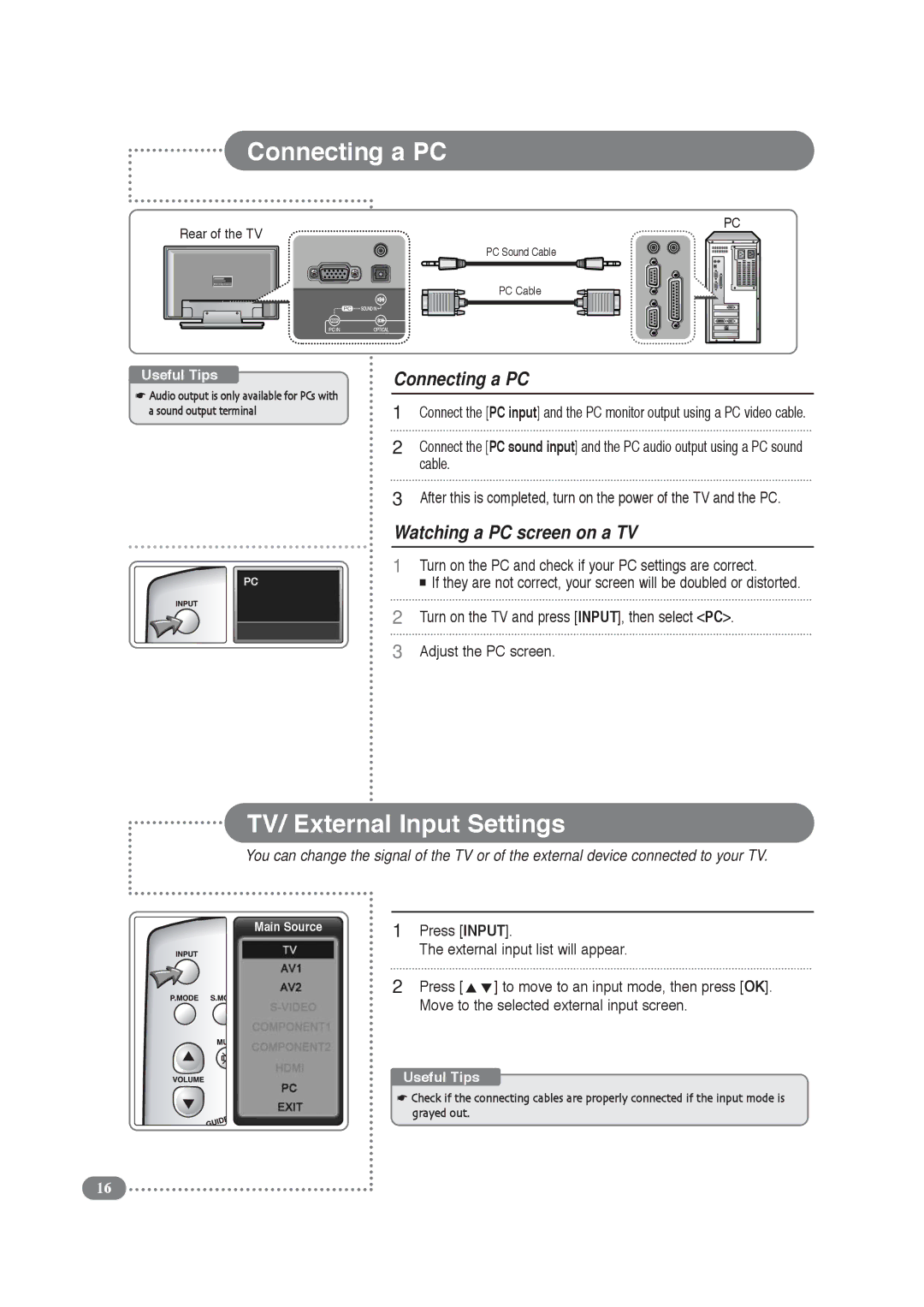 COBY electronic TF-TV3709, TF-TV4209 manual Connecting a PC, TV/ External Input Settings, Watching a PC screen on a TV 