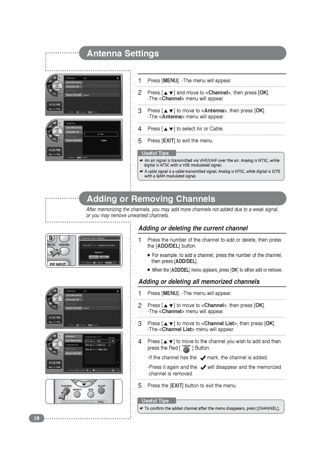 COBY electronic TF-TV3709, TF-TV4209 Antenna Settings, Adding or Removing Channels, Adding or deleting the current channel 