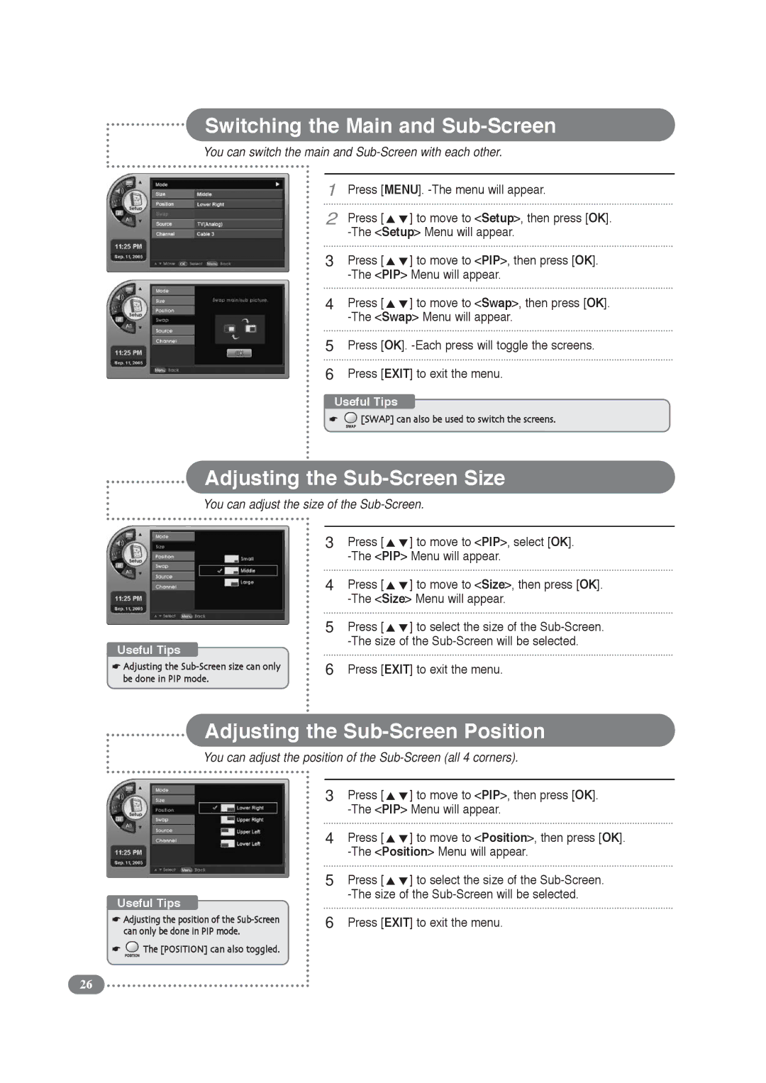 COBY electronic TF-TV3709, TF-TV4209 manual Switching the Main and Sub-Screen, Adjusting the Sub-Screen Size 