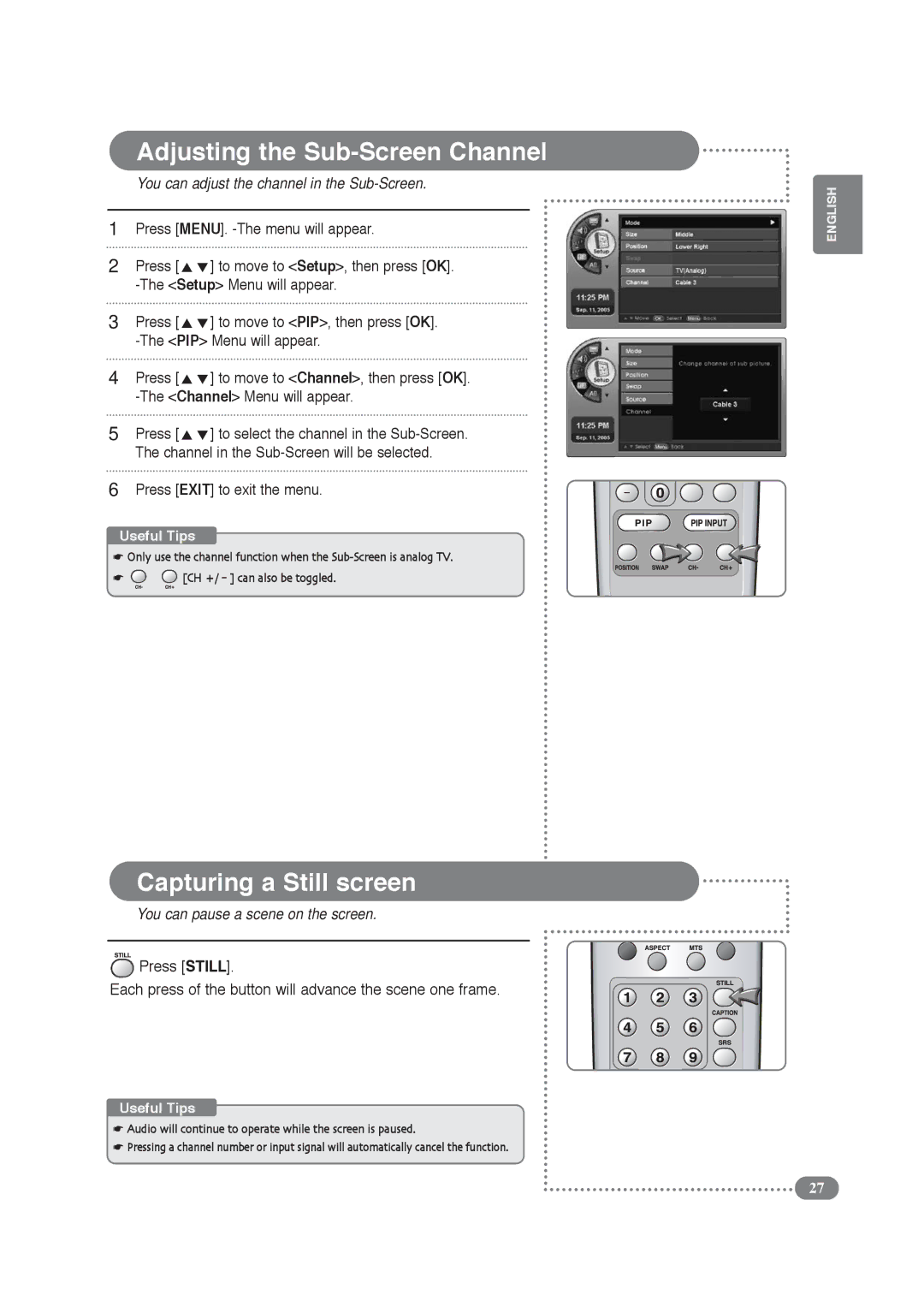 COBY electronic TF-TV4209 Adjusting the Sub-Screen Channel, Capturing a Still screen, You can pause a scene on the screen 