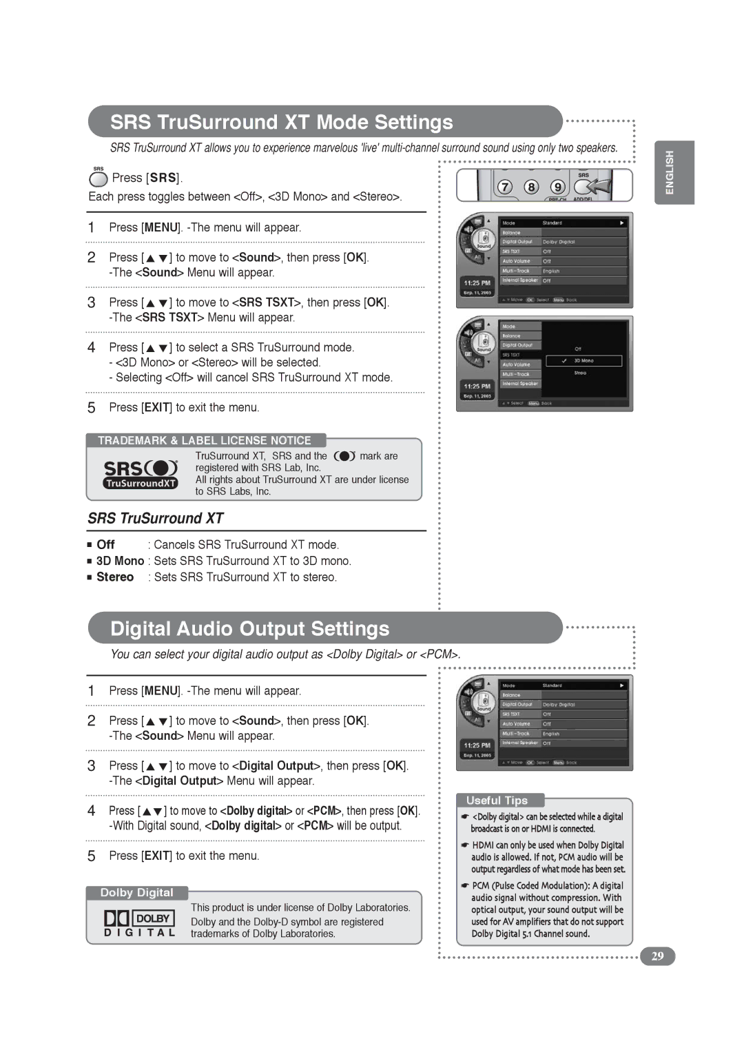 COBY electronic TF-TV4209 manual SRS TruSurround XT Mode Settings, Digital Audio Output Settings, SRS Tsxt Menu will appear 