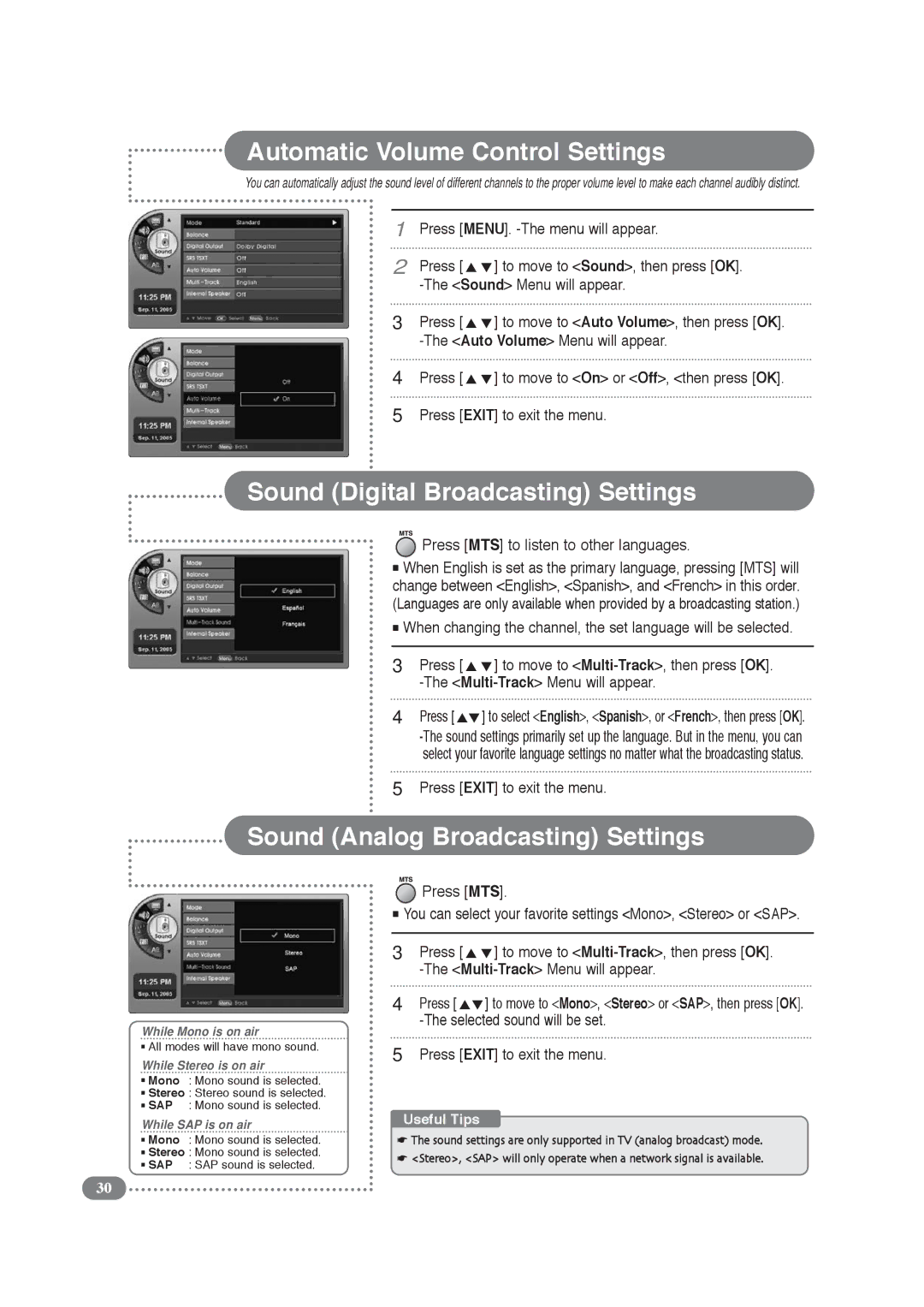 COBY electronic TF-TV3709, TF-TV4209 manual Automatic Volume Control Settings, Sound Digital Broadcasting Settings 