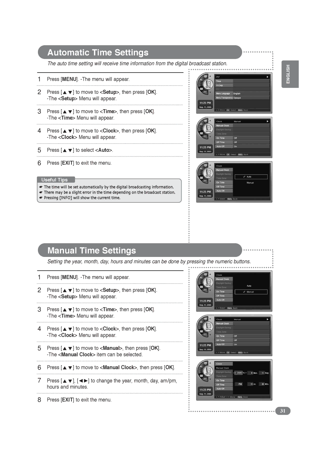 COBY electronic TF-TV4209, TF-TV3709 manual Automatic Time Settings, Manual Time Settings 