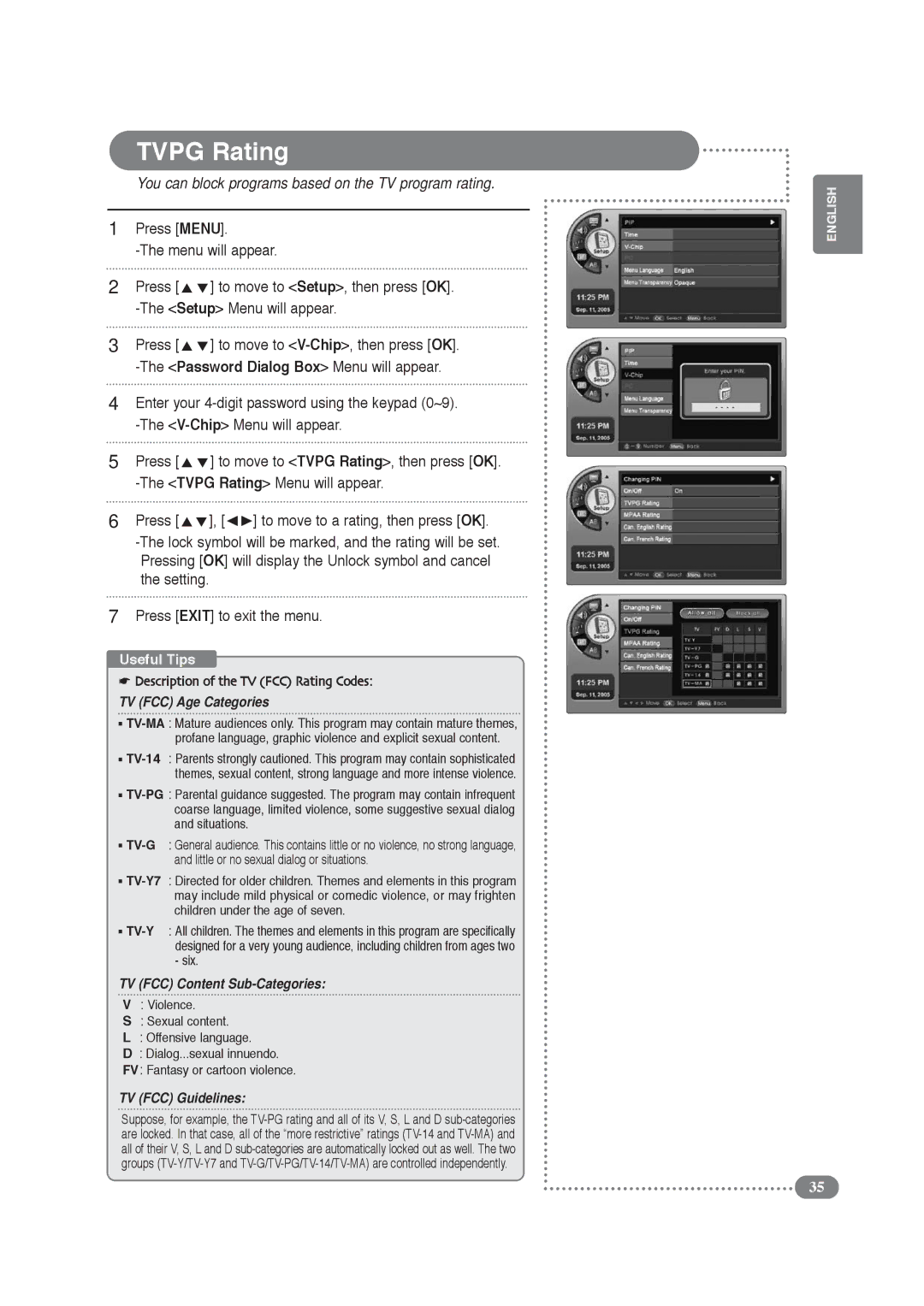 COBY electronic TF-TV4209 manual You can block programs based on the TV program rating, Tvpg Rating Menu will appear 