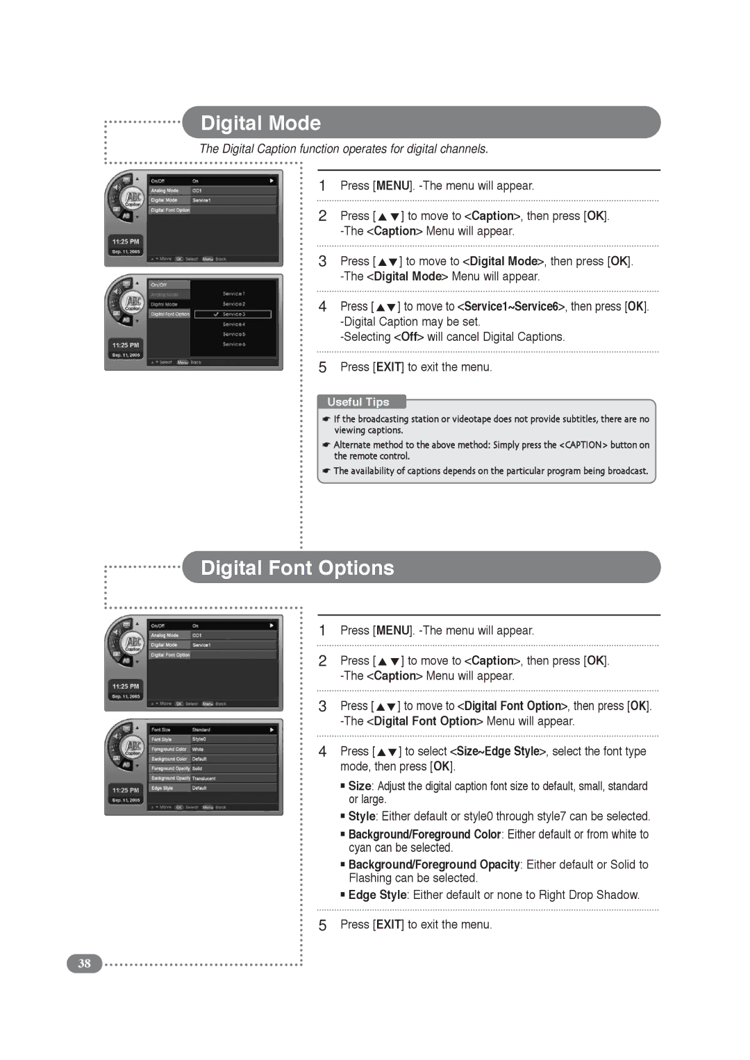 COBY electronic TF-TV3709 manual Digital Mode, Digital Font Options, Digital Caption function operates for digital channels 