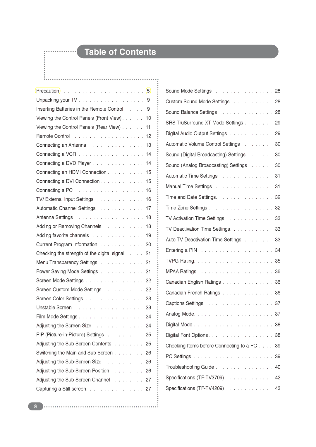 COBY electronic TF-TV3709, TF-TV4209 manual Table of Contents 