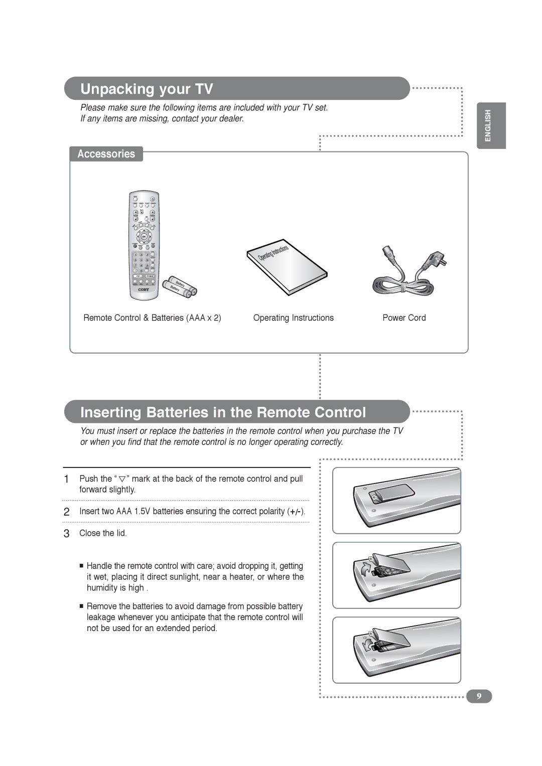 COBY electronic TF-TV4209, TF-TV3709 manual Unpacking your TV, Inserting Batteries in the Remote Control 