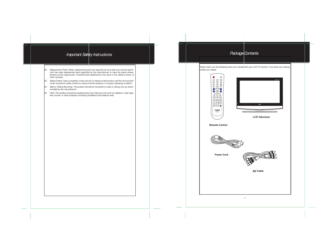 COBY electronic TF-TV4217, TF-TV3717 operating instructions Package Contents 