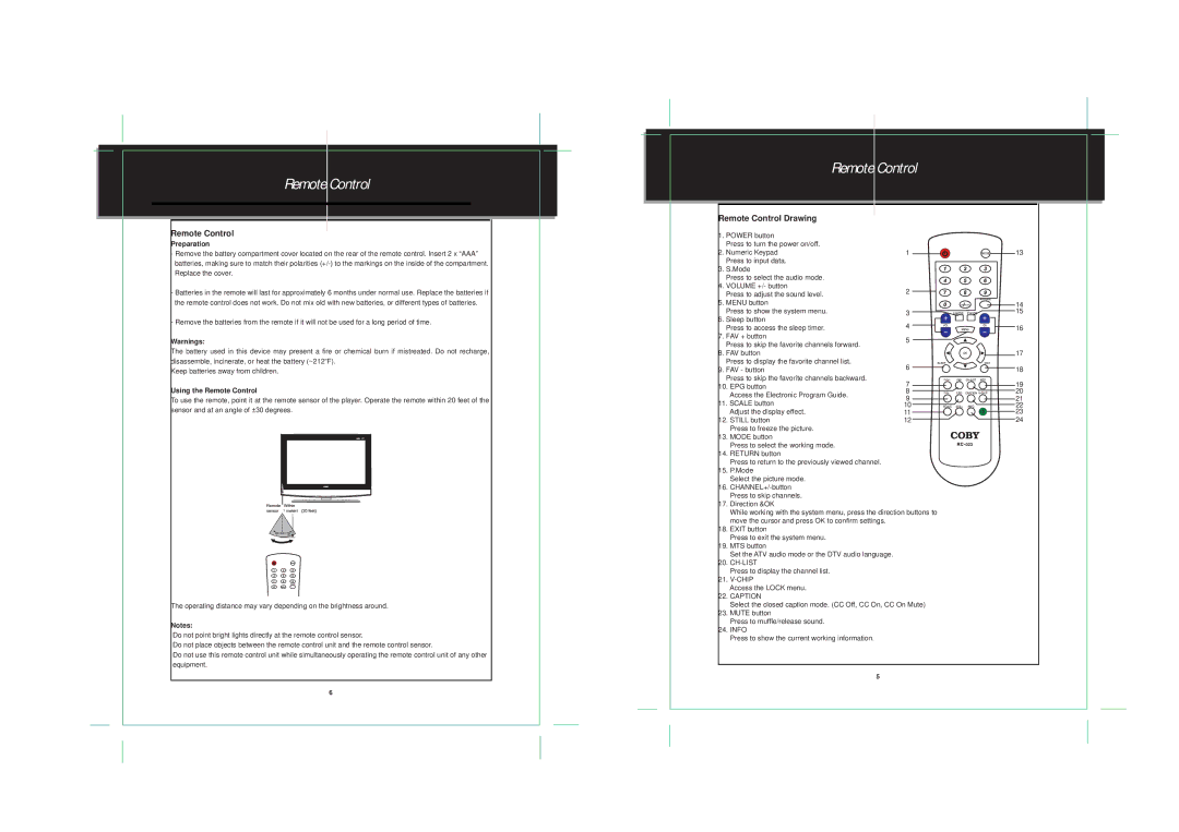 COBY electronic TF-TV4217, TF-TV3717 Ete ntr, Remote Control Drawing, Preparation, Using the Remote Control 