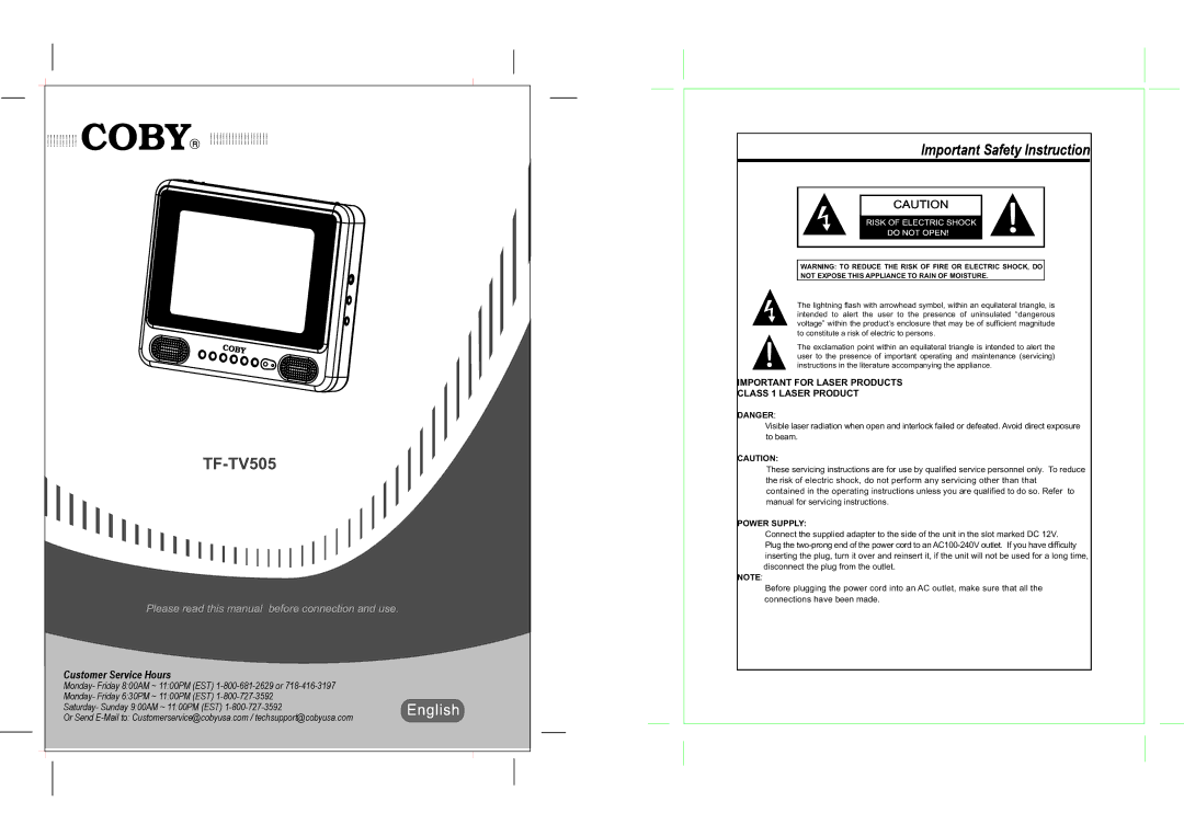 COBY electronic TF-TV505 operating instructions Important Safety Instruction 