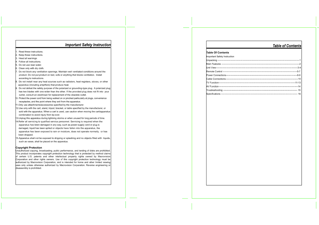 COBY electronic TF-TV505 operating instructions Table of Contents 