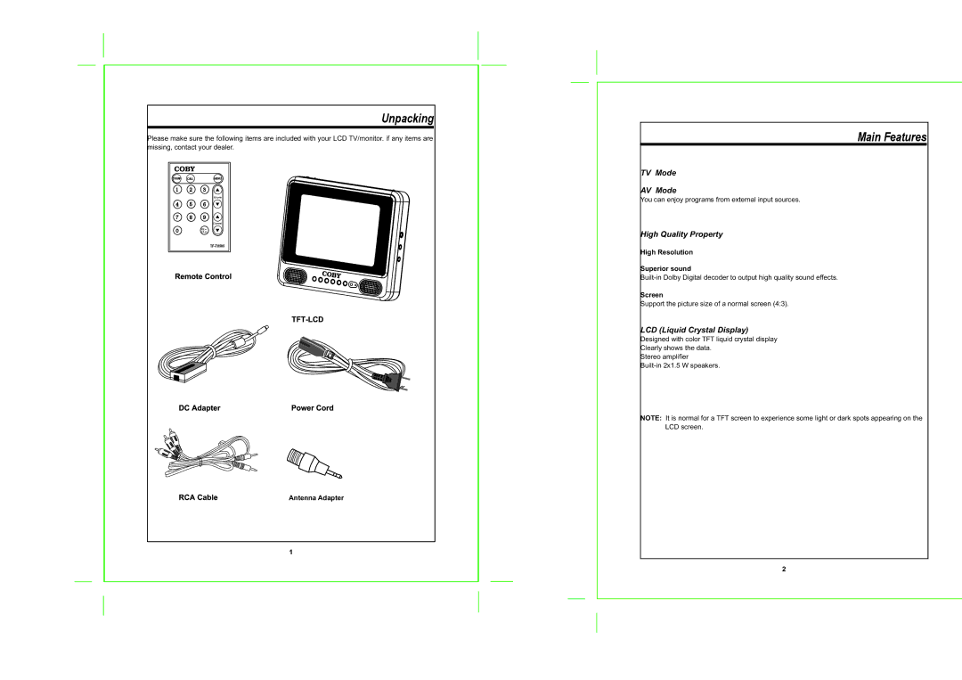 COBY electronic TF-TV505 Unpacking, Main Features, Antenna Adapter, High Resolution Superior sound, Screen 