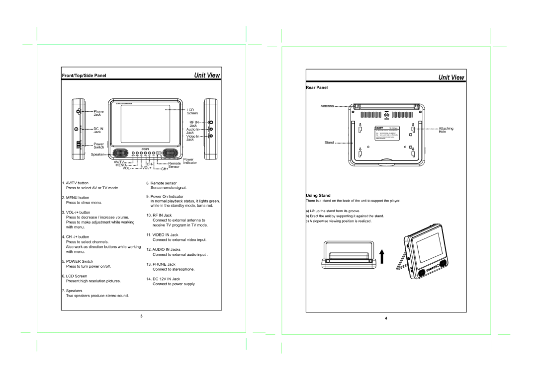 COBY electronic TF-TV505 operating instructions Unit View, Front/Top/Side Panel, Rear Panel, Using Stand 