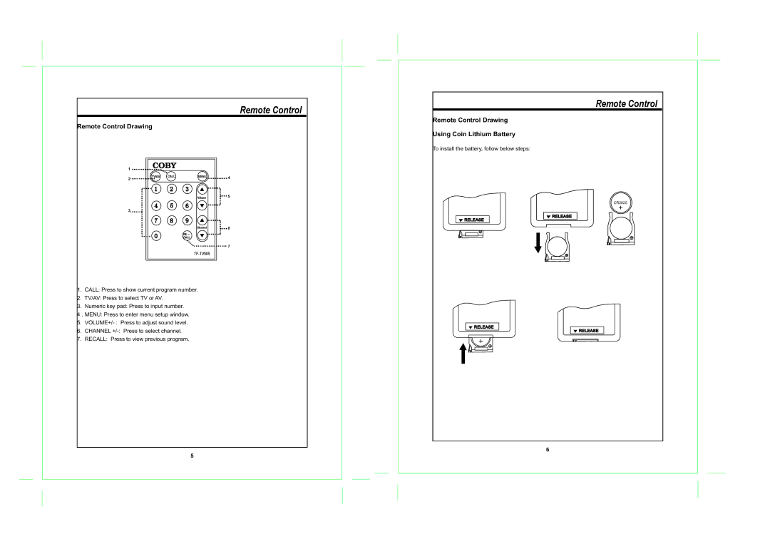 COBY electronic TF-TV505 operating instructions Remote Control Drawing Using Coin Lithium Battery 