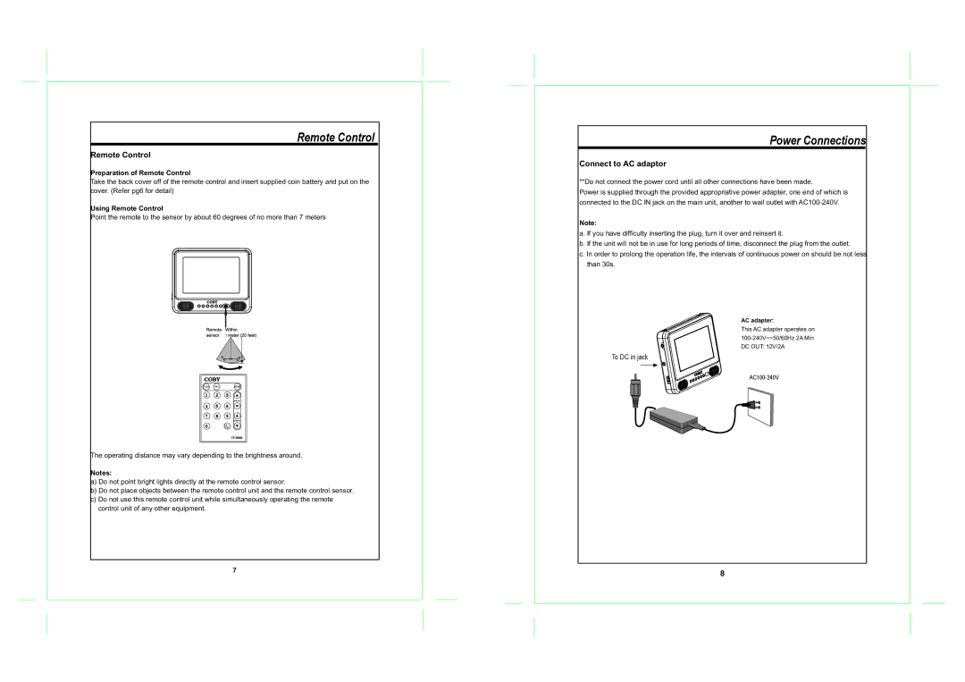 COBY electronic TF-TV505 Power Connections, Connect to AC adaptor, Preparation of Remote Control, Using Remote Control 