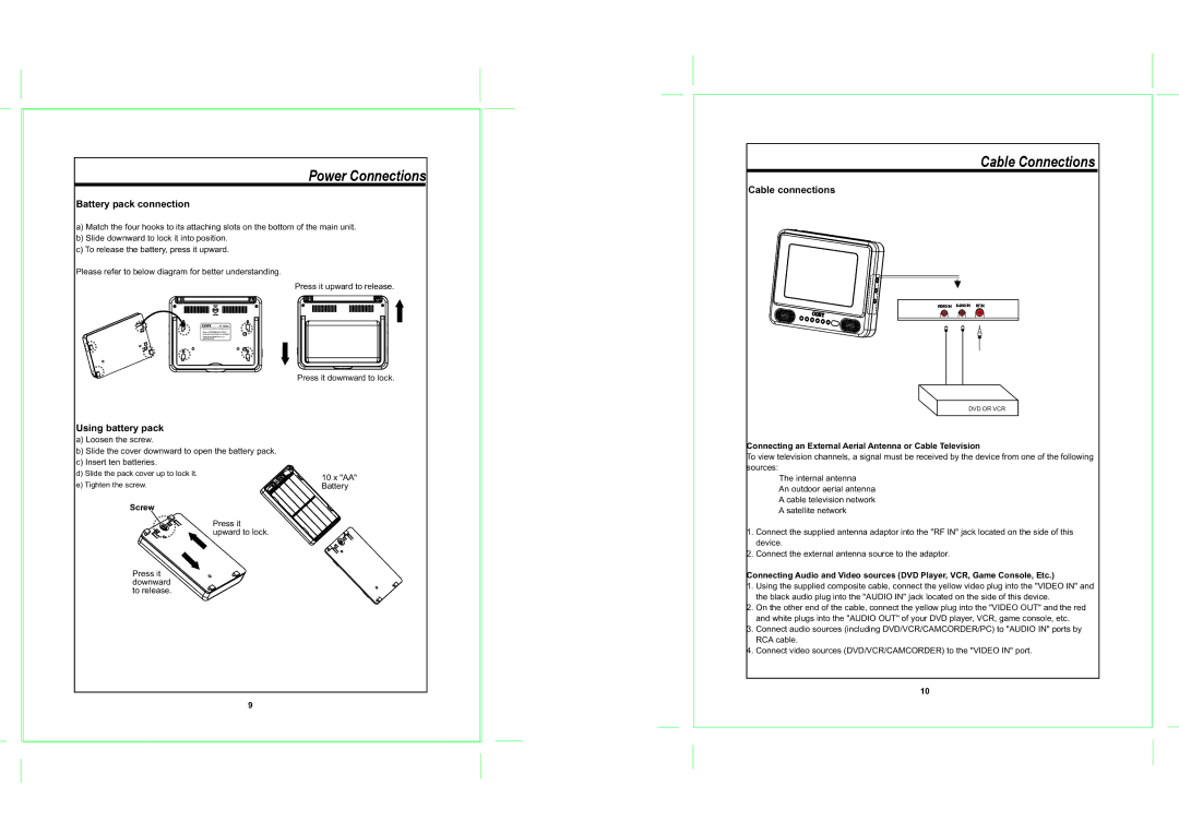 COBY electronic TF-TV505 Cable Connections, Battery pack connection, Using battery pack, Cable connections 