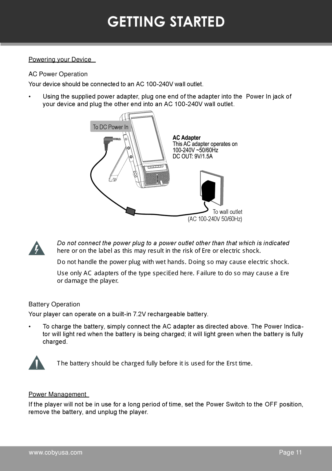 COBY electronic TF-TV705 Getting Started, Powering your Device AC Power Operation, Battery Operation, Power Management 