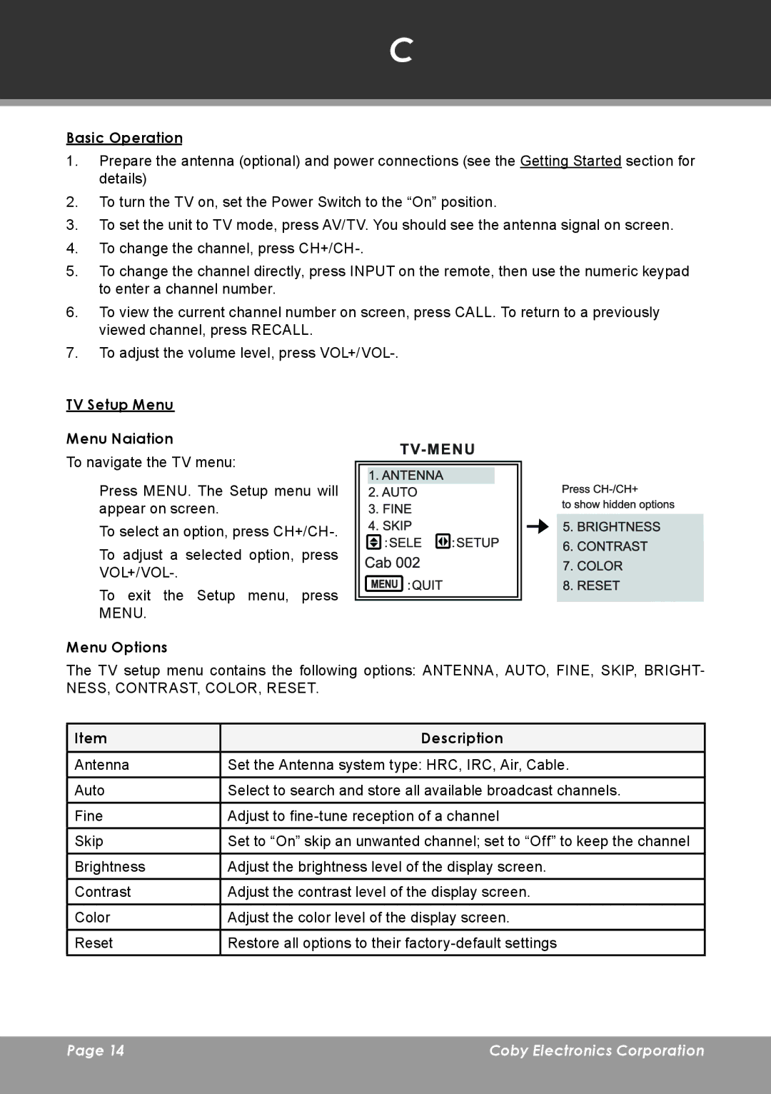 COBY electronic TF-TV705 TV Function, Basic Operation, TV Setup Menu Menu Navigation, Menu Options, Description 