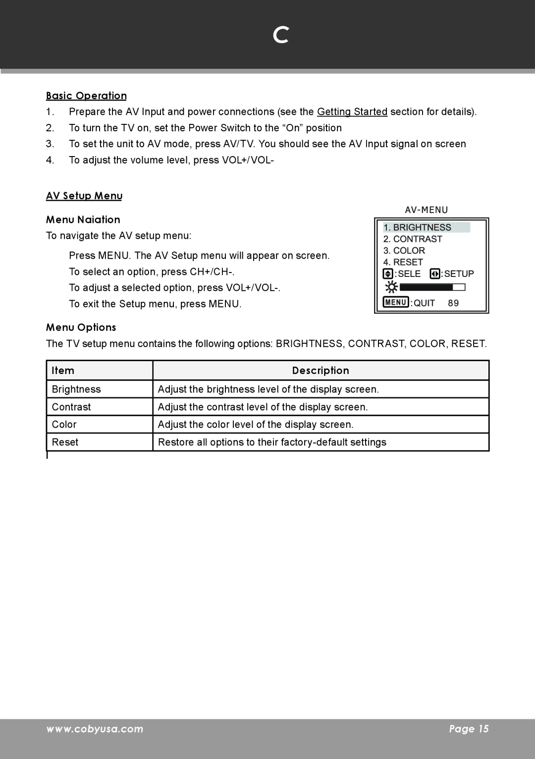 COBY electronic TF-TV705 instruction manual AV Function, AV Setup Menu Menu Navigation 