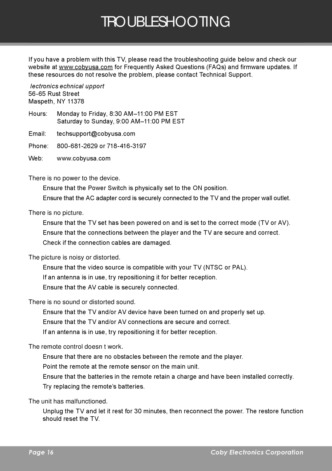 COBY electronic TF-TV705 instruction manual Troubleshooting, Coby Electronics Technical Support 