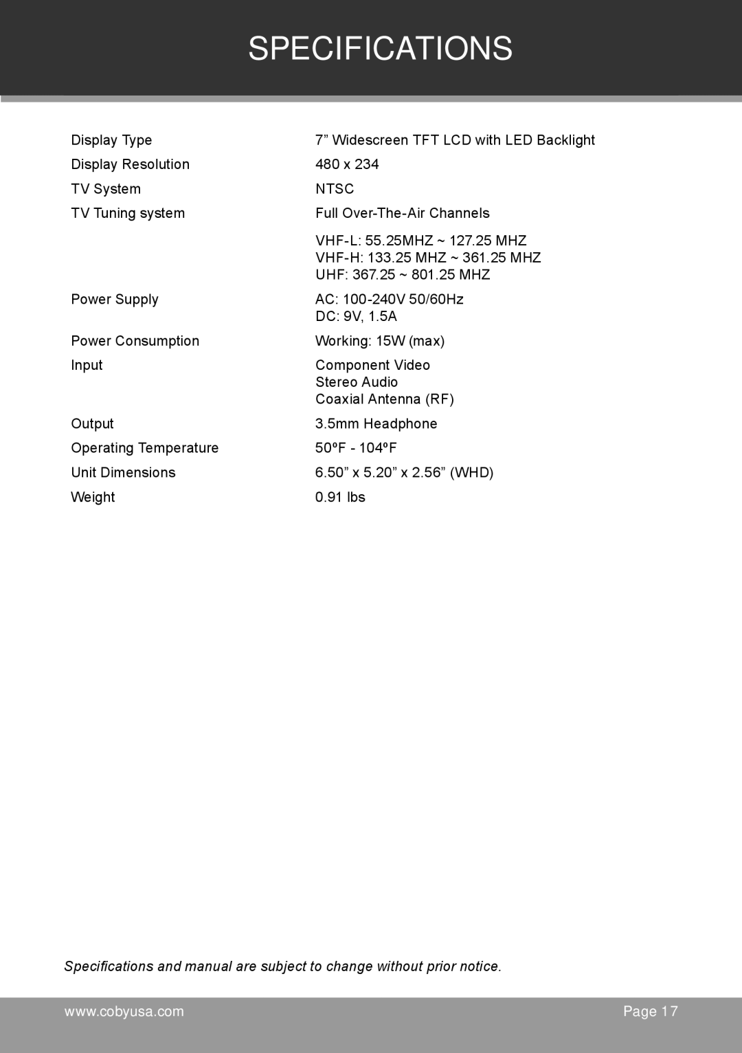 COBY electronic TF-TV705 instruction manual Specifications, Ntsc 