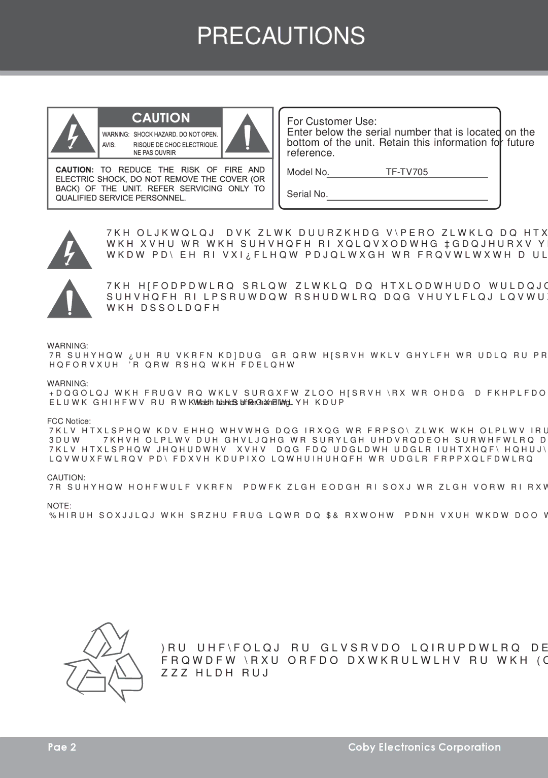 COBY electronic TF-TV705 instruction manual Precautions, For Customer Use 