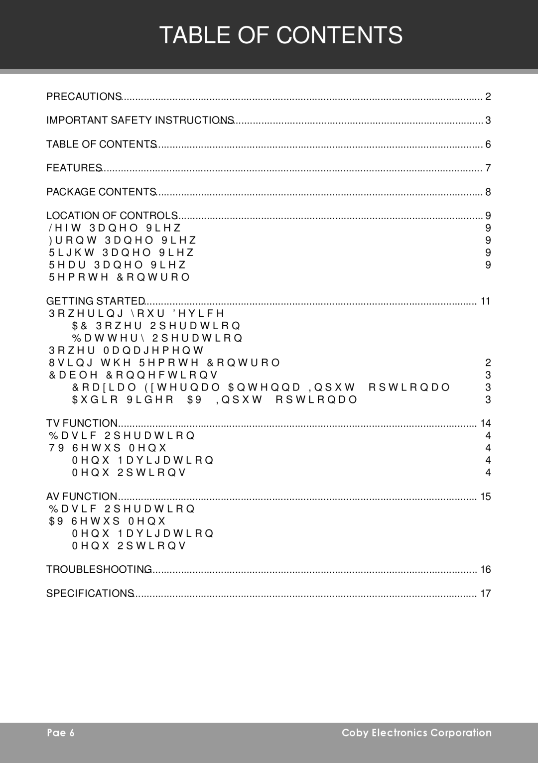 COBY electronic TF-TV705 instruction manual Table of Contents 